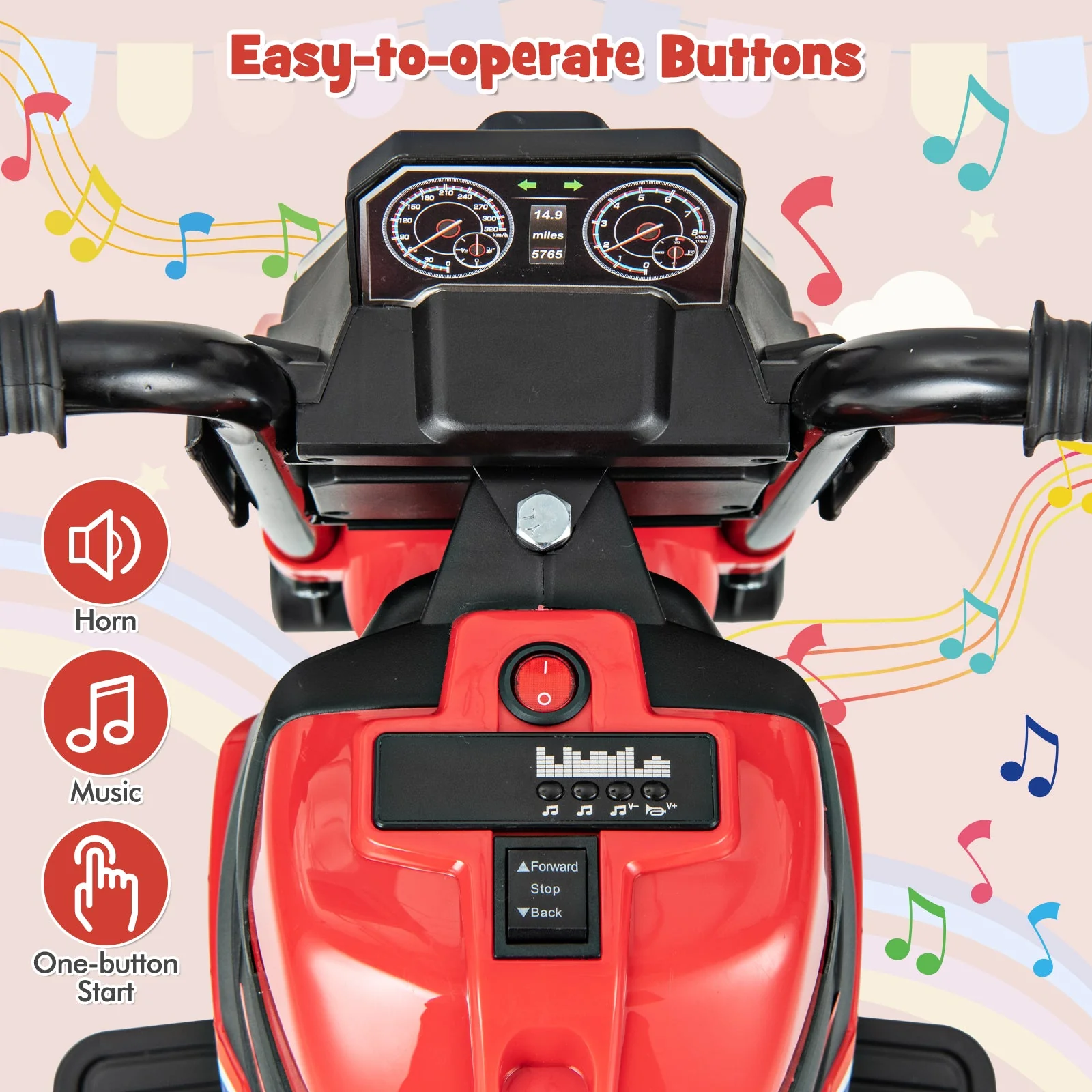 Kids Ride-on Motorcycle 6V Battery Powered Motorbike with Detachable Training Wheels-Red - Image 7