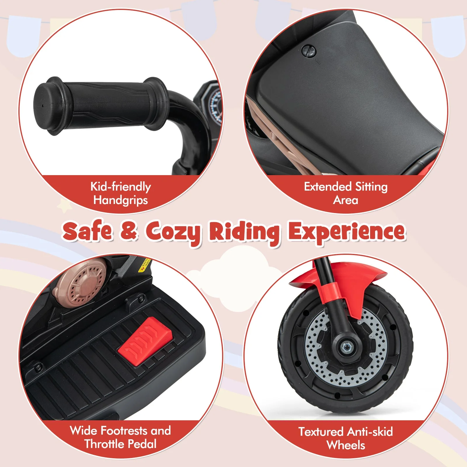 Kids Ride-on Motorcycle 6V Battery Powered Motorbike with Detachable Training Wheels-Red - Image 8