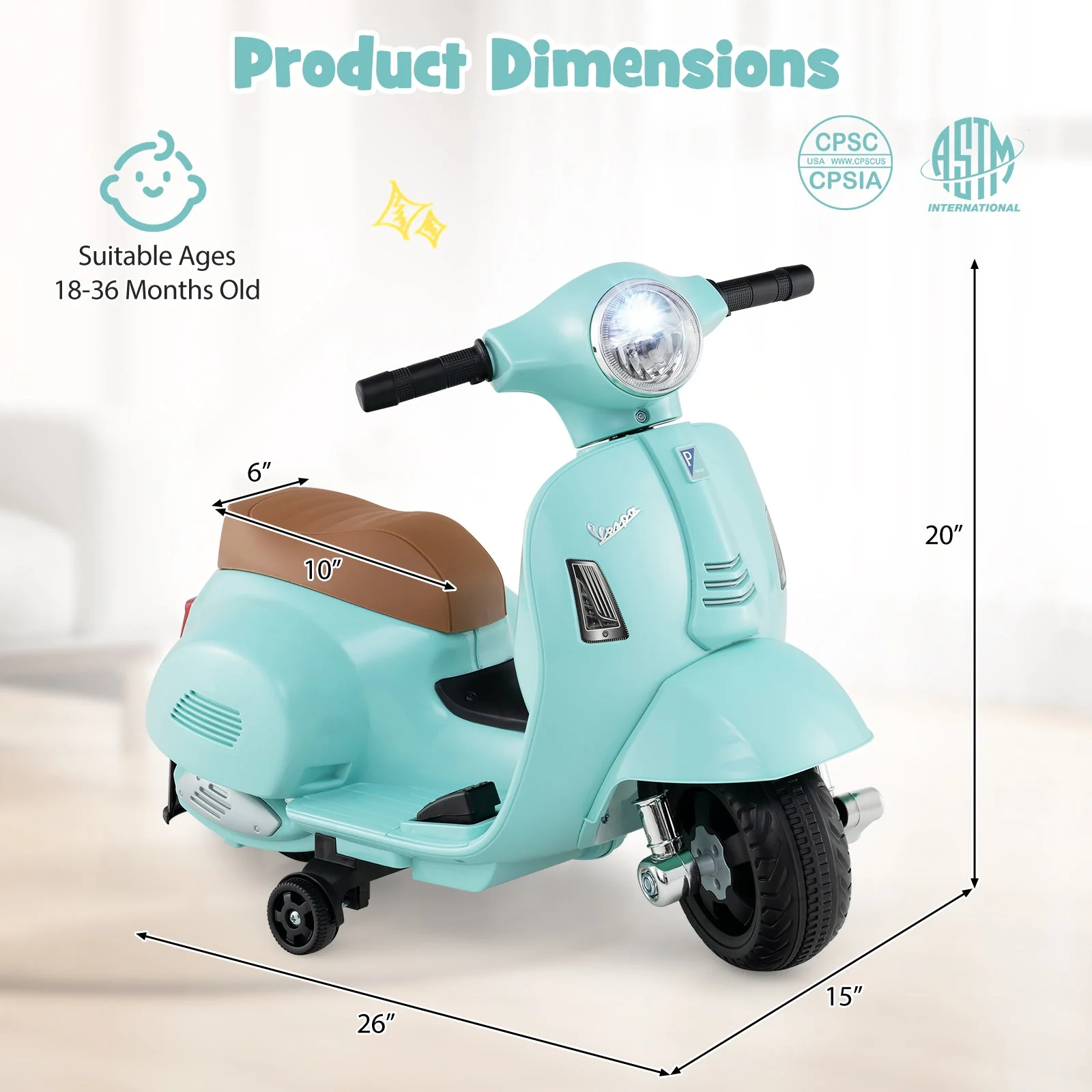 Kids Ride on Motorcycle Licensed Vespa with LED Headlight and Horn Sound-Green - Image 5
