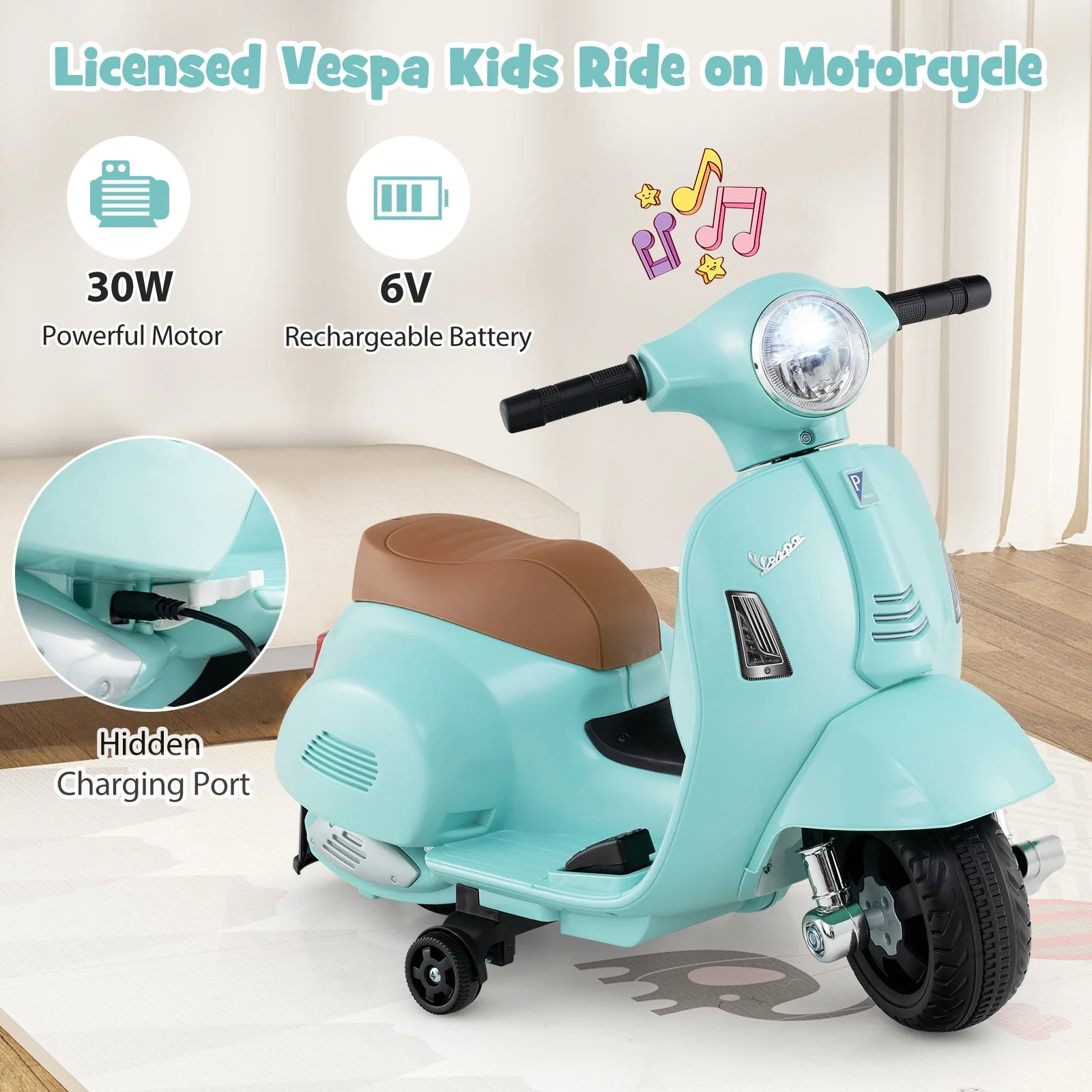Kids Ride on Motorcycle Licensed Vespa with LED Headlight and Horn Sound-Green - Image 6