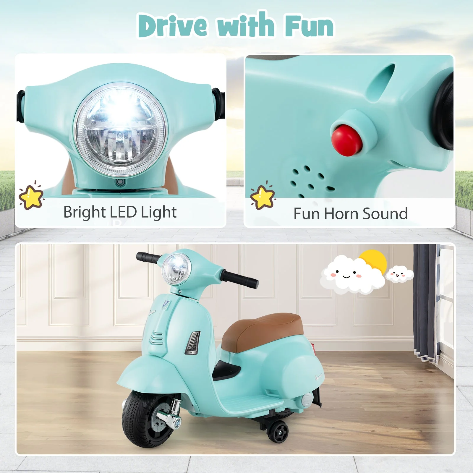 Kids Ride on Motorcycle Licensed Vespa with LED Headlight and Horn Sound-Green - Image 7