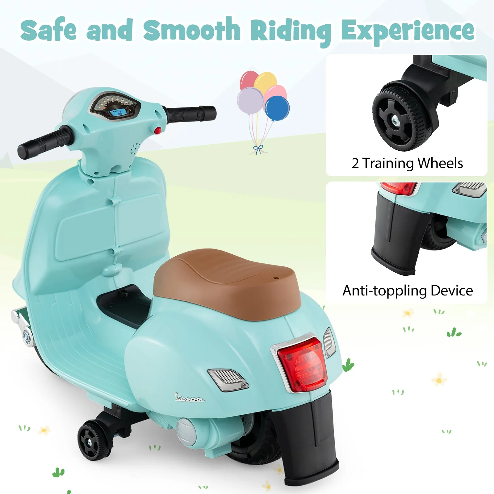 Kids Ride on Motorcycle Licensed Vespa with LED Headlight and Horn Sound-Green - Image 8