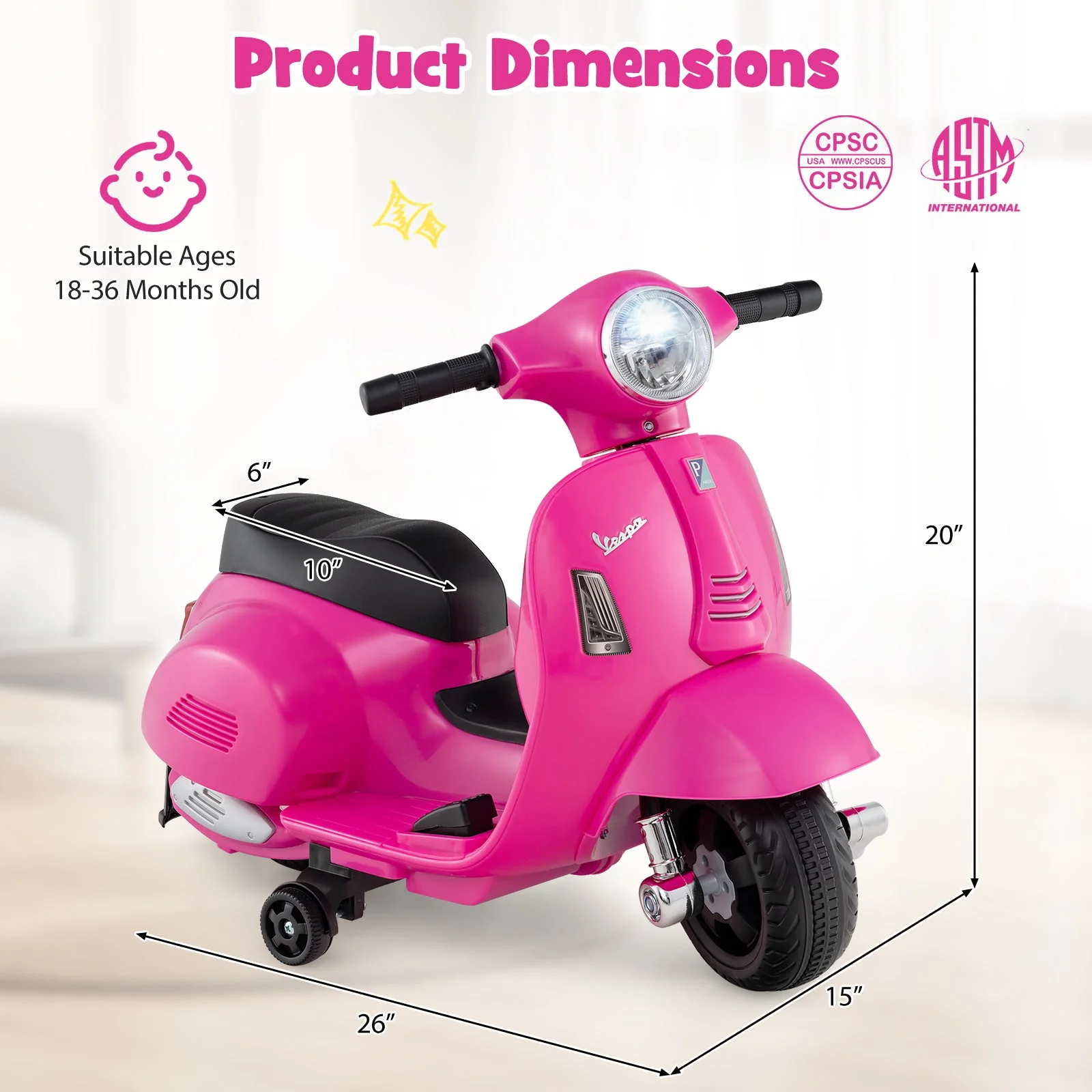 Kids Ride on Motorcycle Licensed Vespa with LED Headlight and Horn Sound-Pink - Image 5