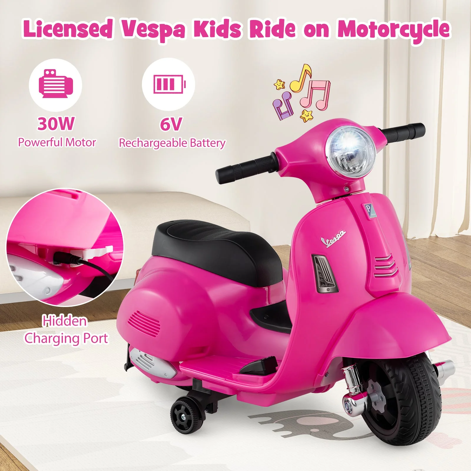 Kids Ride on Motorcycle Licensed Vespa with LED Headlight and Horn Sound-Pink - Image 6