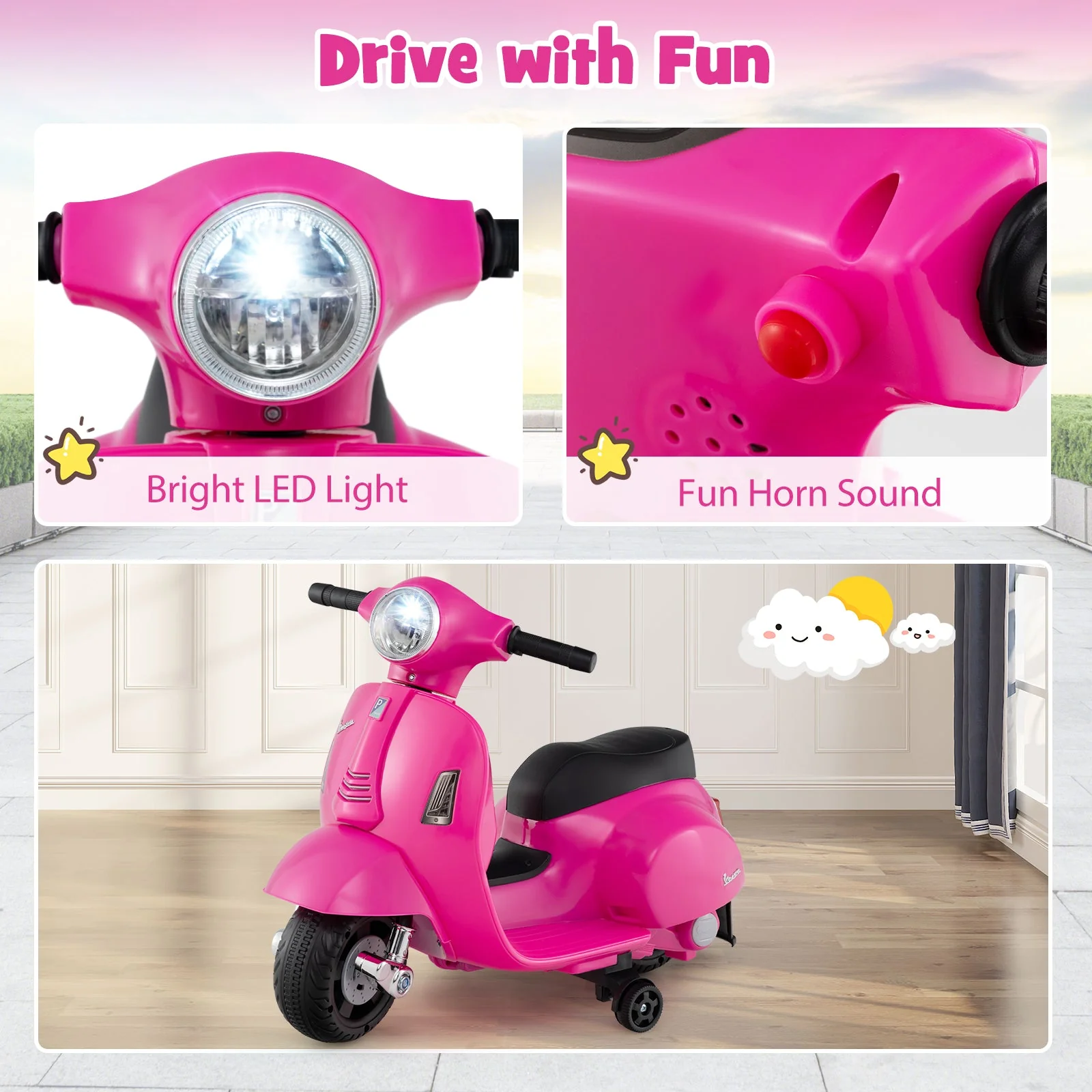 Kids Ride on Motorcycle Licensed Vespa with LED Headlight and Horn Sound-Pink - Image 7