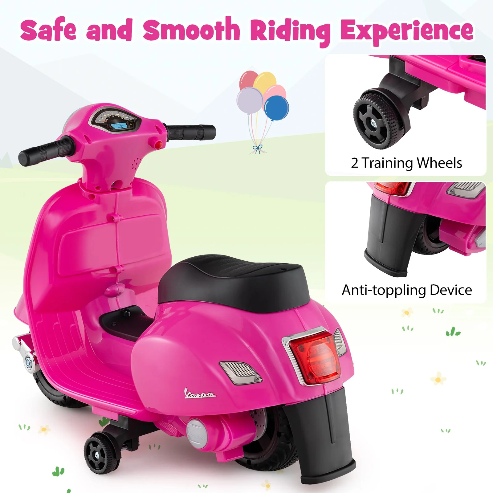 Kids Ride on Motorcycle Licensed Vespa with LED Headlight and Horn Sound-Pink - Image 8