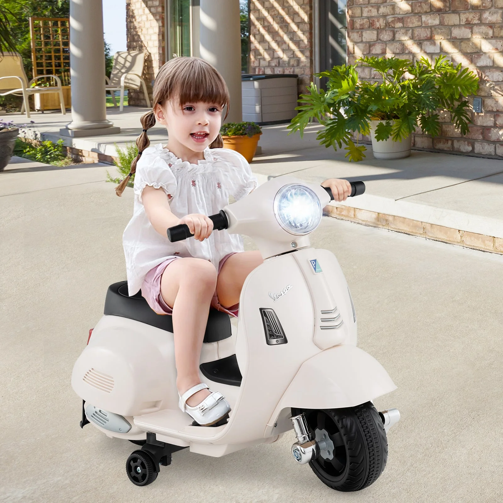 Kids Ride on Motorcycle Licensed Vespa with LED Headlight and Horn Sound-White - Image 2