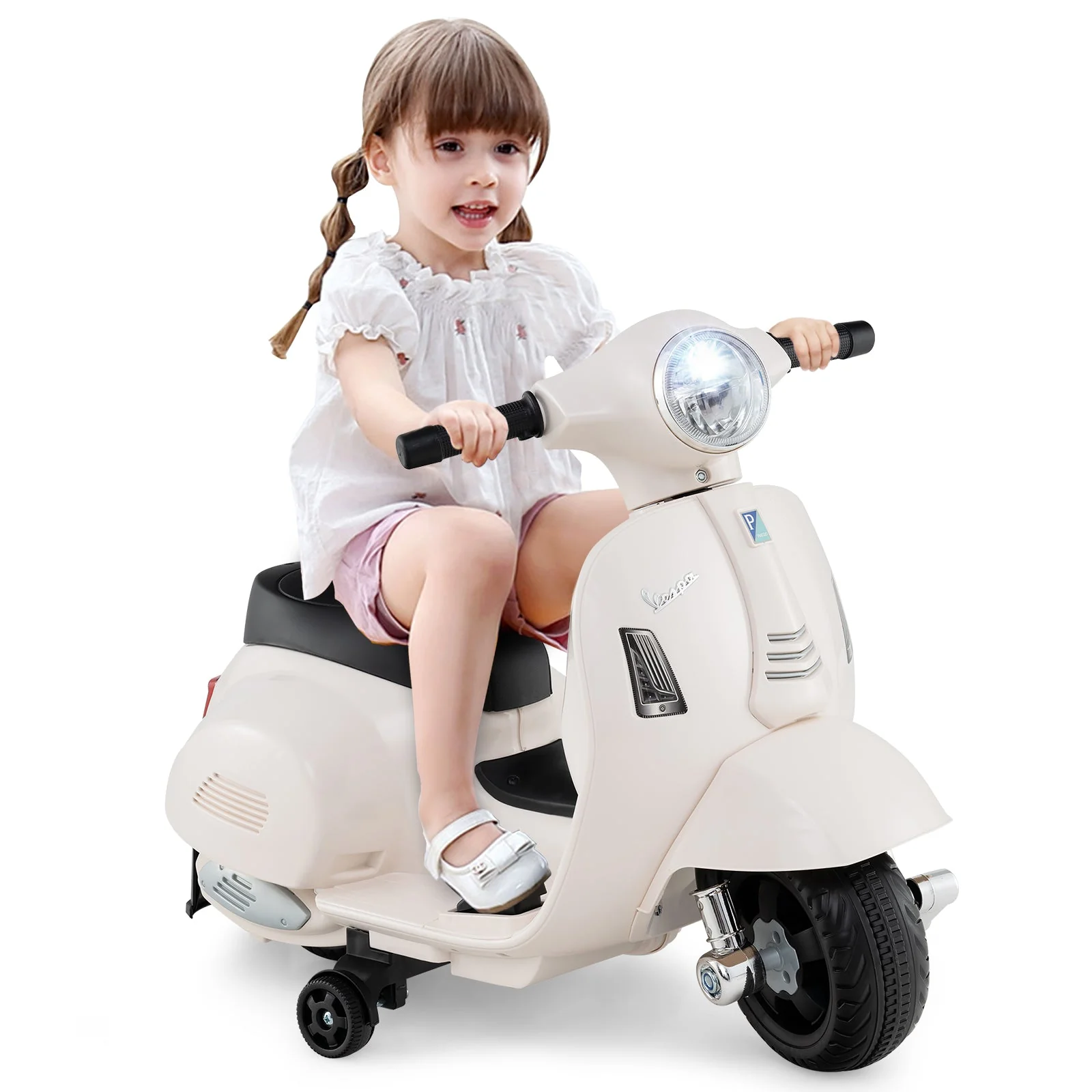Kids Ride on Motorcycle Licensed Vespa with LED Headlight and Horn Sound-White - Image 4