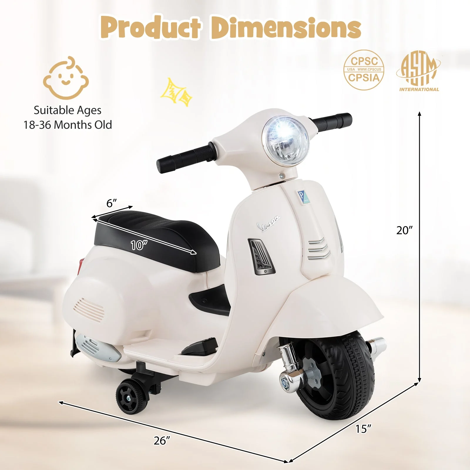 Kids Ride on Motorcycle Licensed Vespa with LED Headlight and Horn Sound-White - Image 5