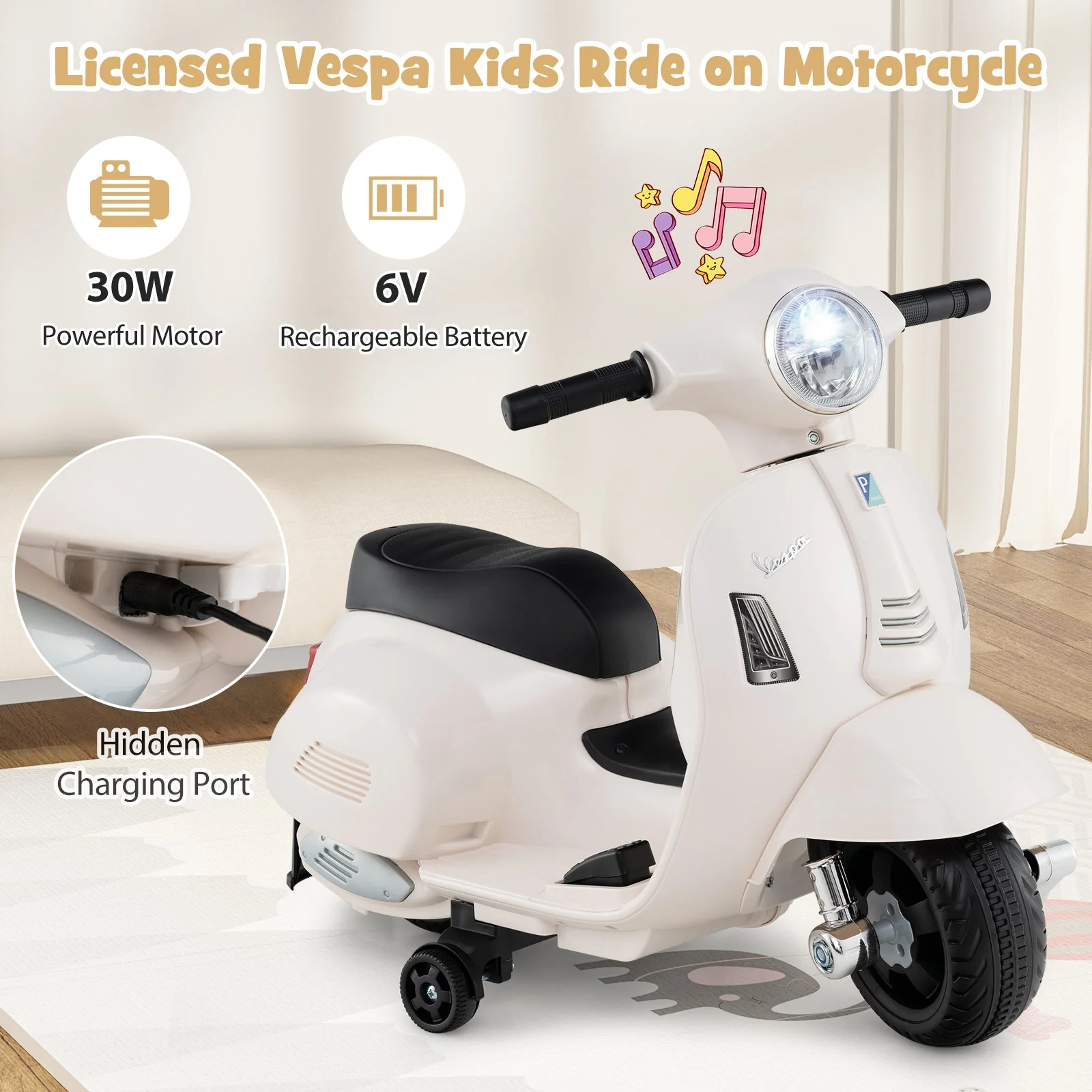 Kids Ride on Motorcycle Licensed Vespa with LED Headlight and Horn Sound-White - Image 6