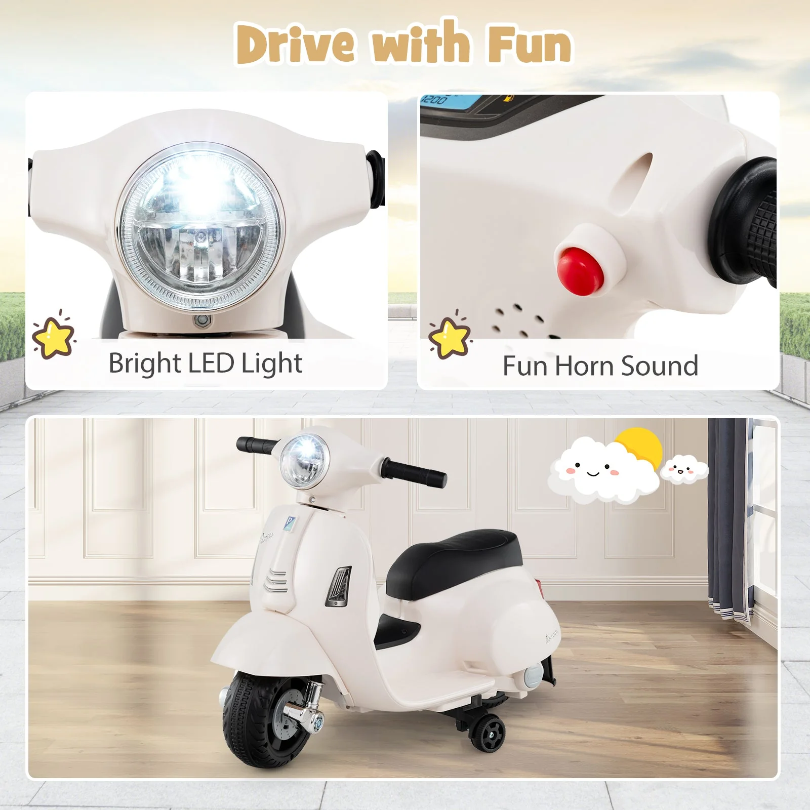 Kids Ride on Motorcycle Licensed Vespa with LED Headlight and Horn Sound-White - Image 7