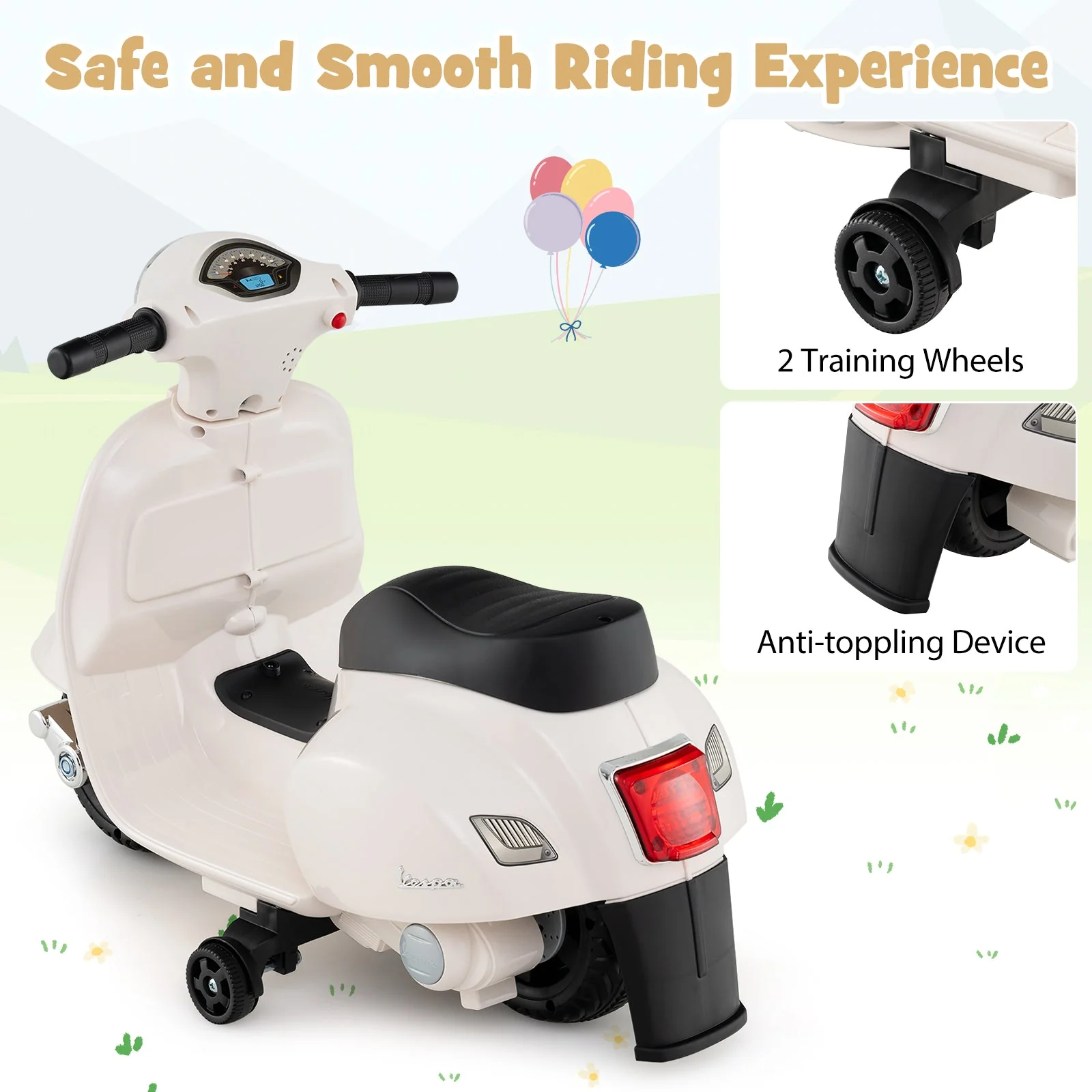 Kids Ride on Motorcycle Licensed Vespa with LED Headlight and Horn Sound-White - Image 8