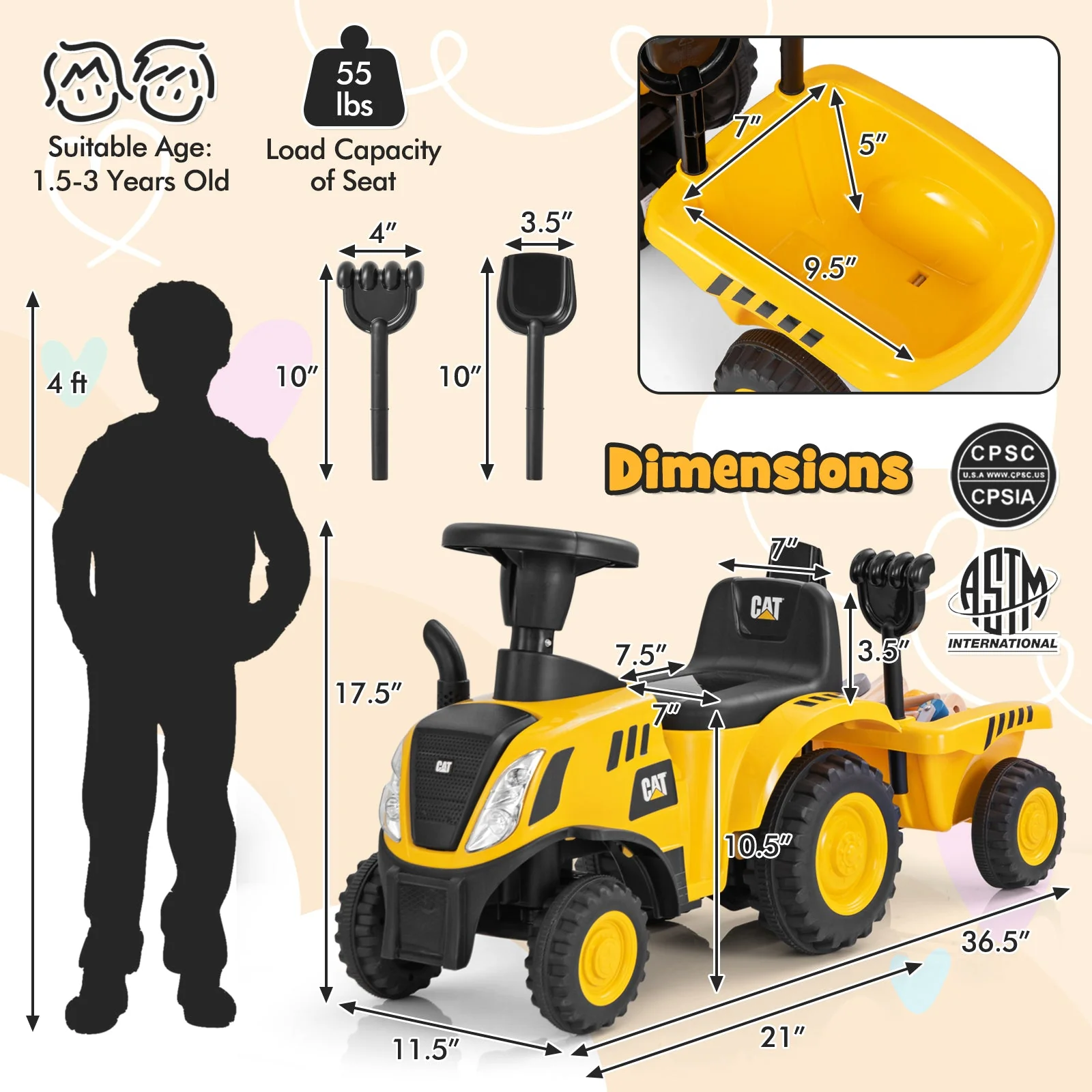 Kids Ride on Tractor Licensed Caterpillar with Detachable Trailer No Power-Yellow - Image 4