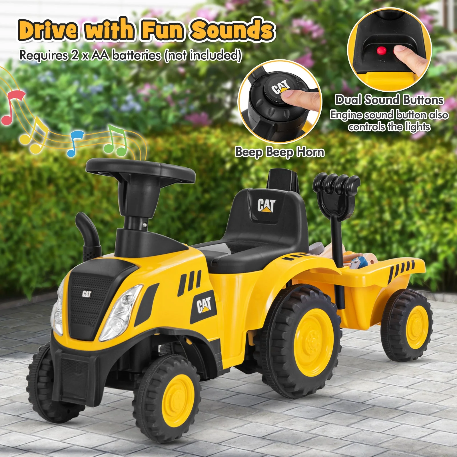 Kids Ride on Tractor Licensed Caterpillar with Detachable Trailer No Power-Yellow - Image 5