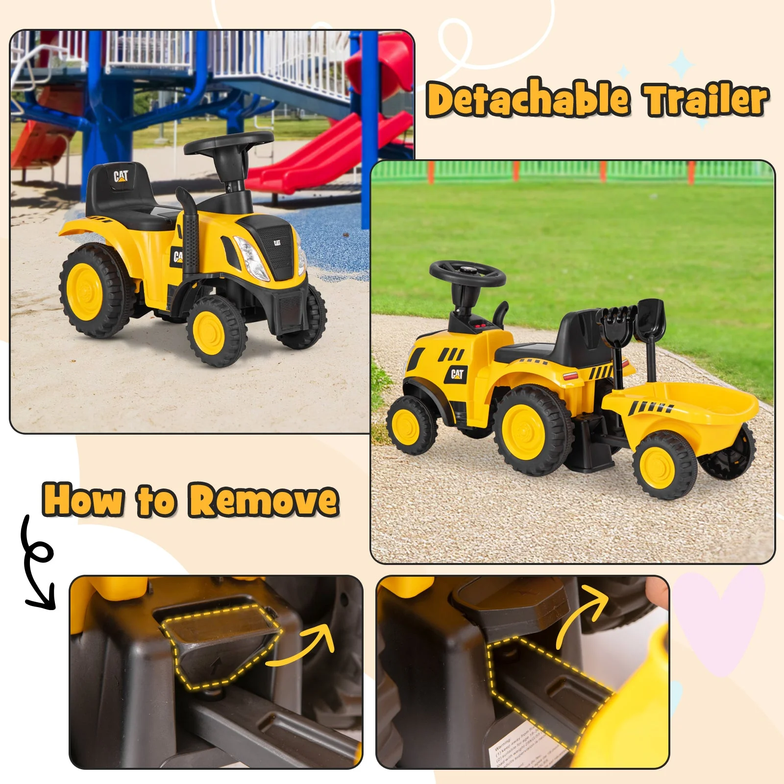 Kids Ride on Tractor Licensed Caterpillar with Detachable Trailer No Power-Yellow - Image 6