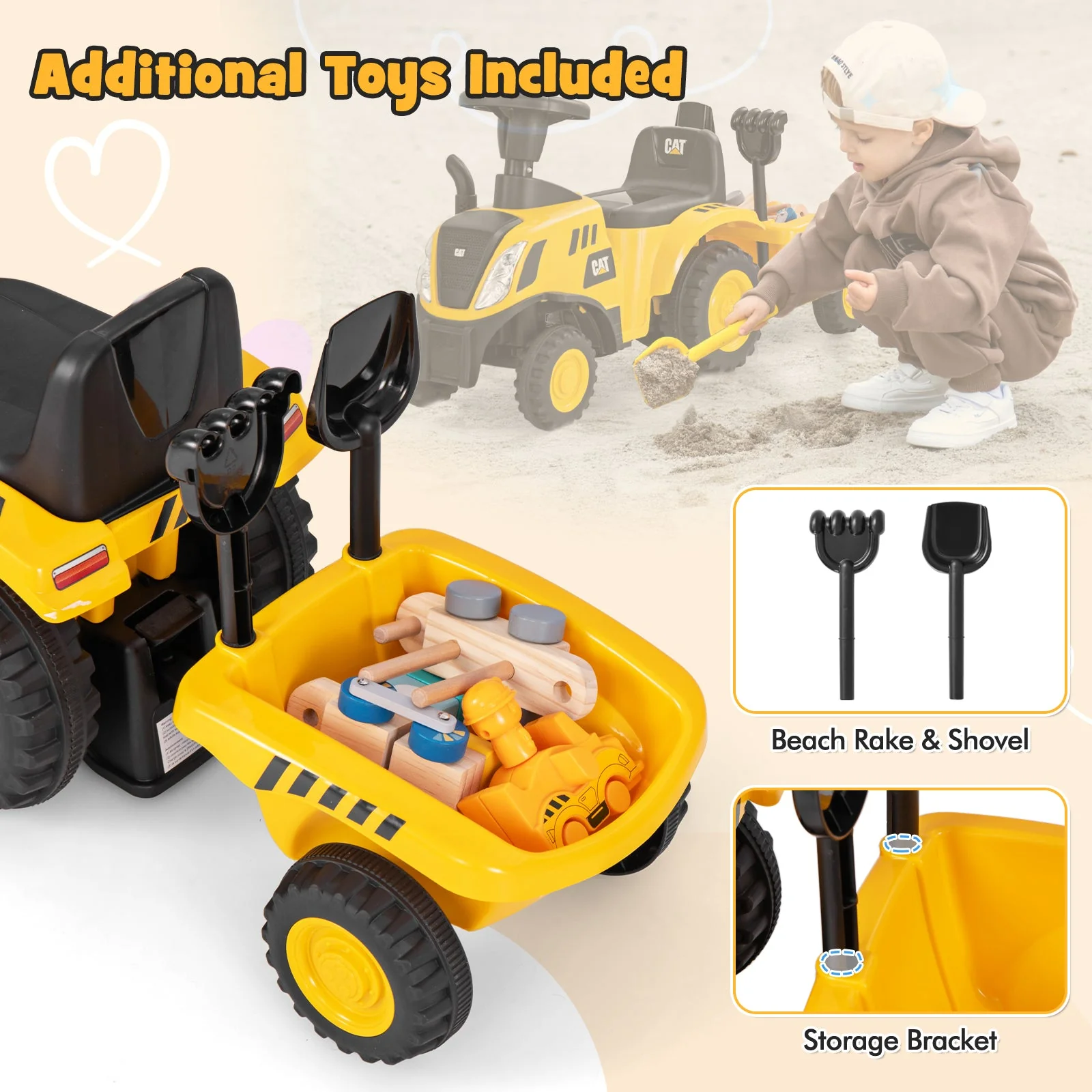 Kids Ride on Tractor Licensed Caterpillar with Detachable Trailer No Power-Yellow - Image 7