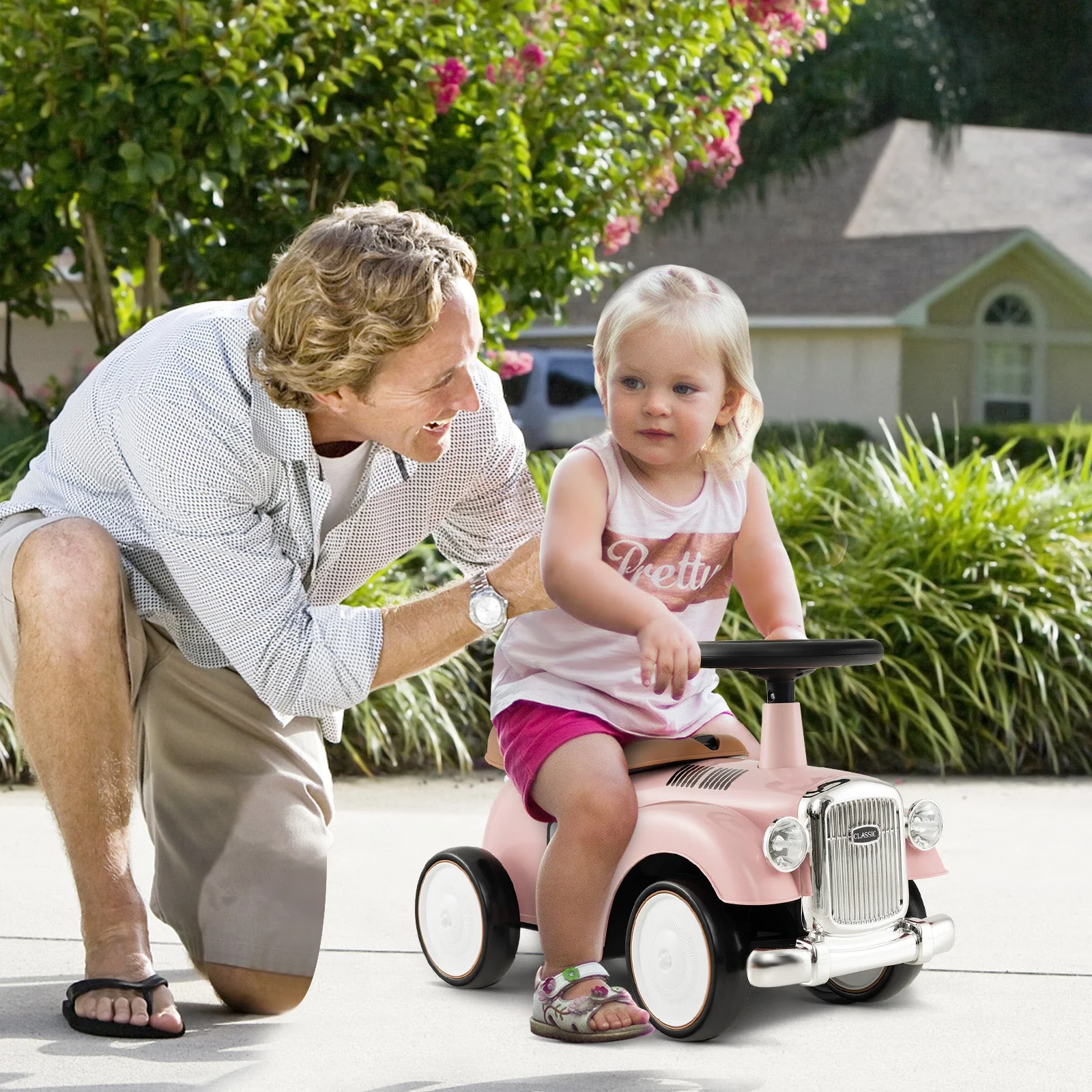 Kids Sit to Stand Vehicle with Working Steering Wheel and Under Seat Storage-Pink - Image 2