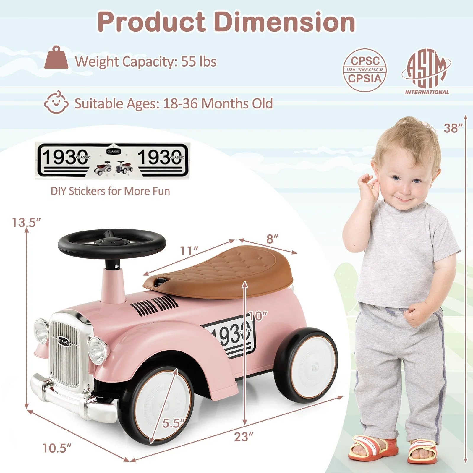 Kids Sit to Stand Vehicle with Working Steering Wheel and Under Seat Storage-Pink - Image 5
