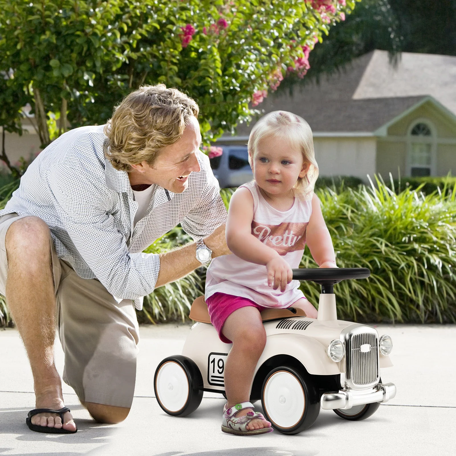 Kids Sit to Stand Vehicle with Working Steering Wheel and Under Seat Storage-White - Image 2