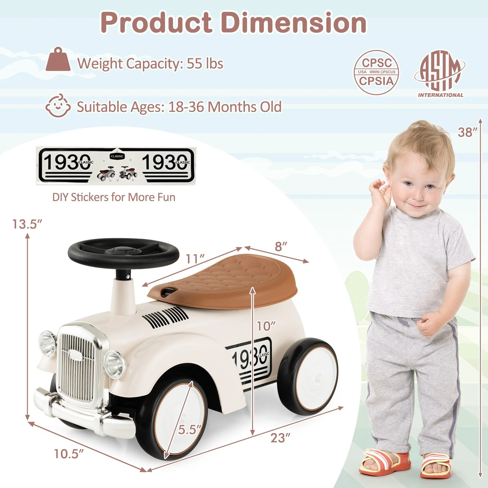Kids Sit to Stand Vehicle with Working Steering Wheel and Under Seat Storage-White - Image 5