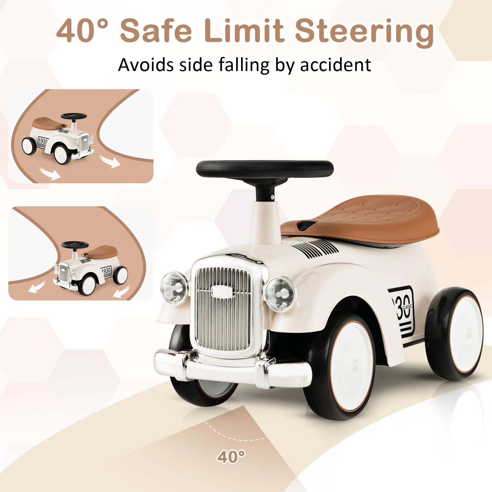 Kids Sit to Stand Vehicle with Working Steering Wheel and Under Seat Storage-White - Image 7