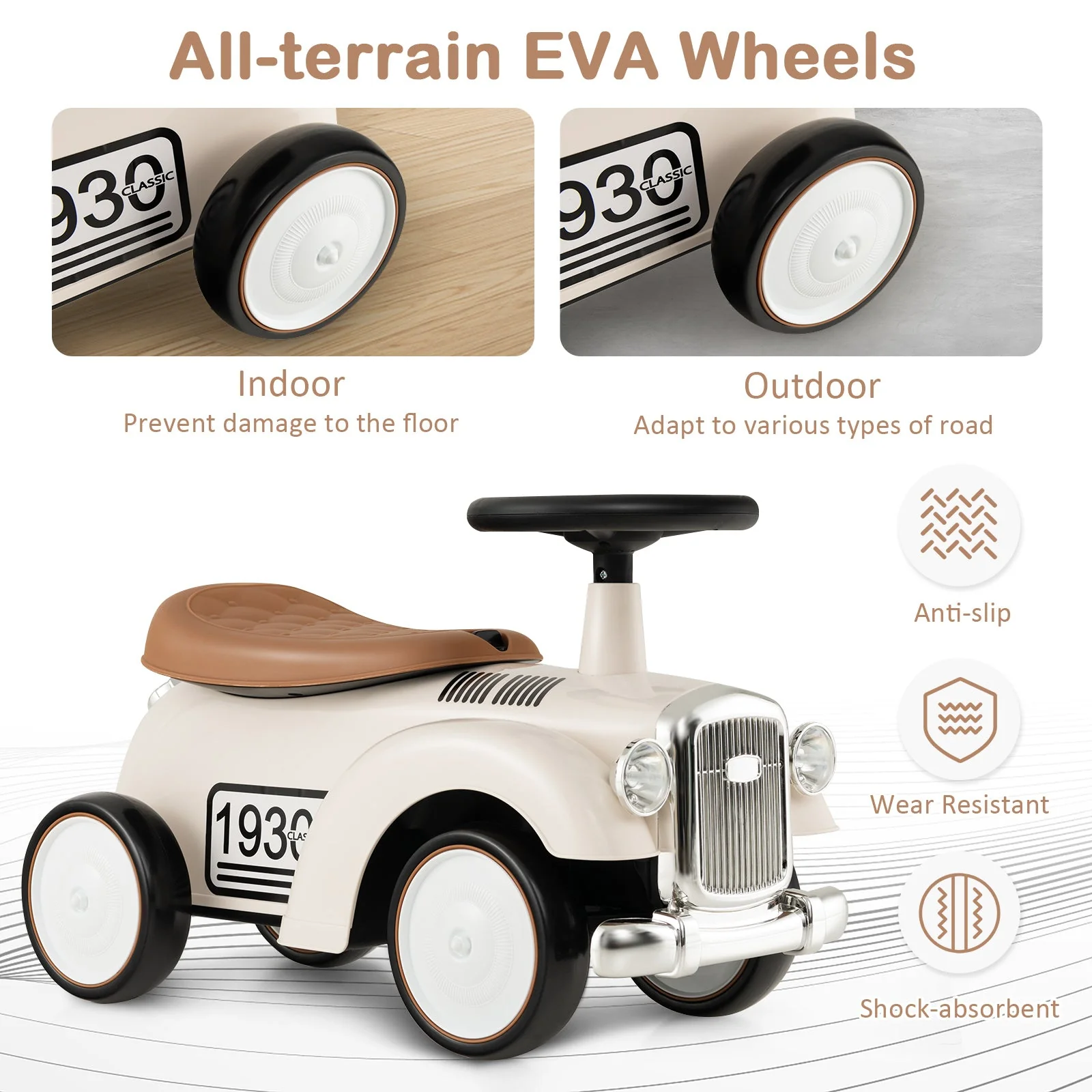 Kids Sit to Stand Vehicle with Working Steering Wheel and Under Seat Storage-White - Image 8