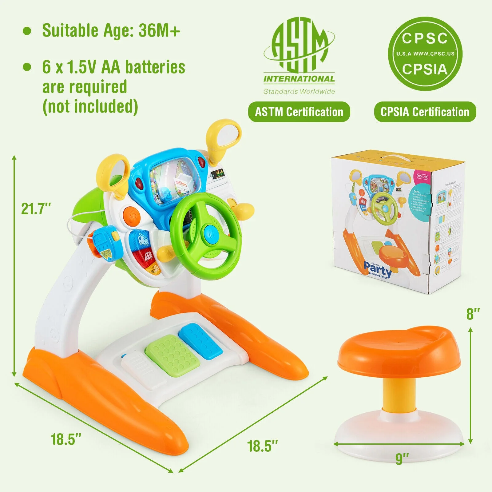 Kids Steering Wheel Pretend Play Toy Set with Lights and Sounds - Image 6
