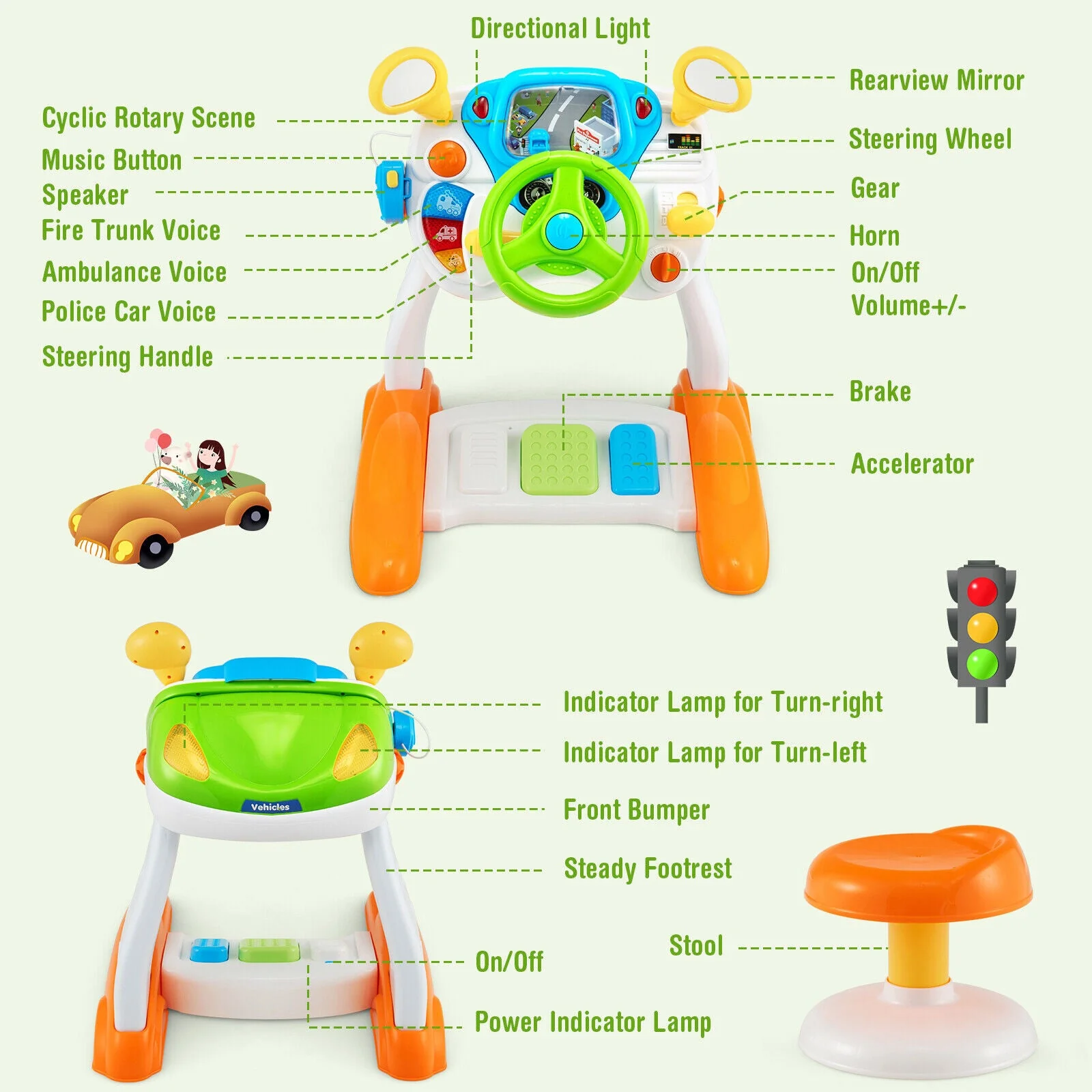 Kids Steering Wheel Pretend Play Toy Set with Lights and Sounds - Image 7