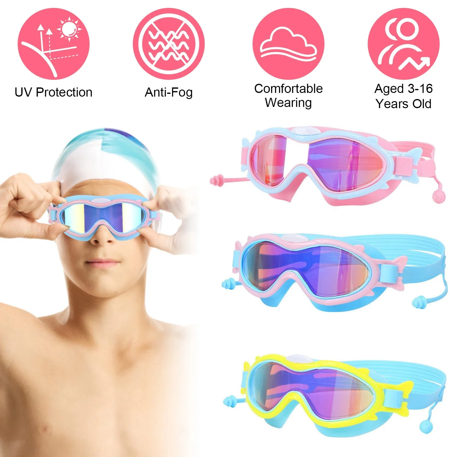 Kids Swim Goggles With Ear Plugs UV Protection Anti-Fog Leak Proof Wide View Pool Swimming Goggles For Youth Boys Girls Aged 3-16 Years Old Summer Bea - Image 5