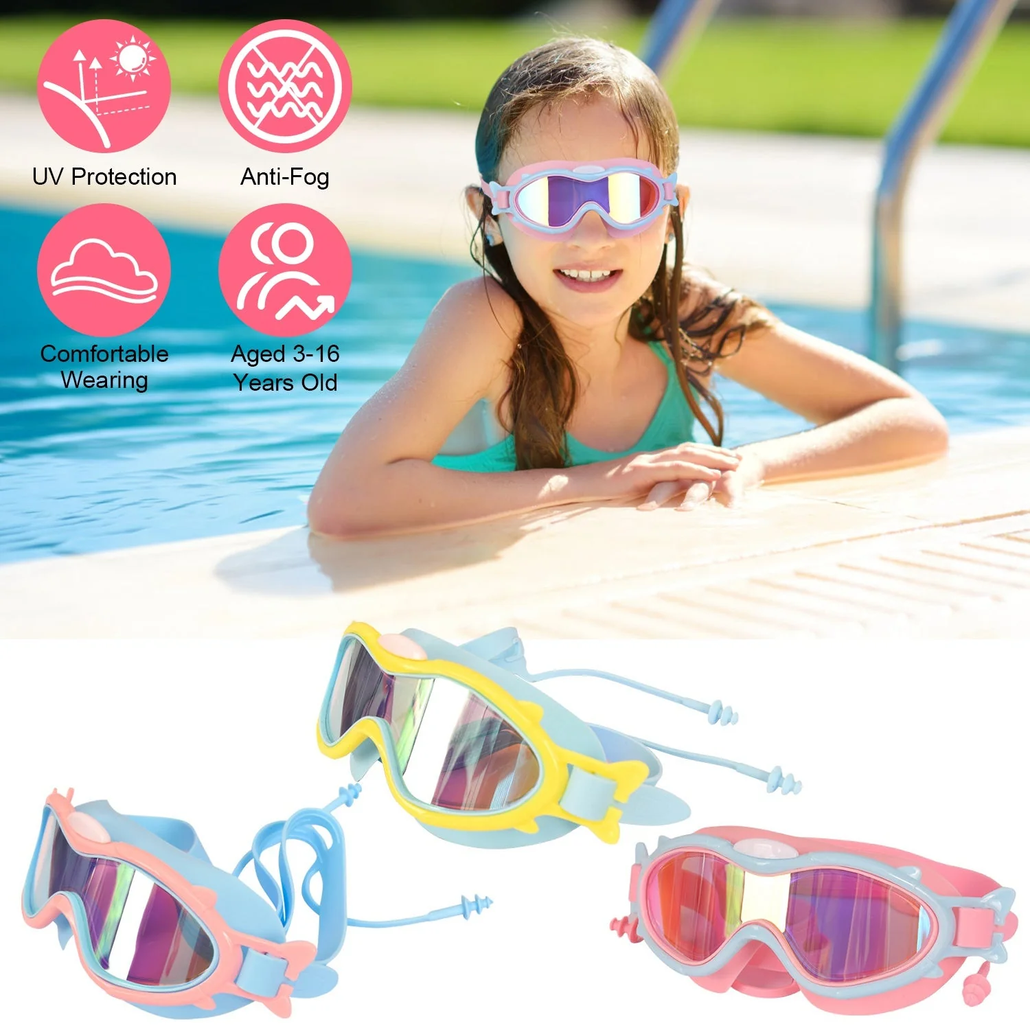Kids Swim Goggles With Ear Plugs UV Protection Anti-Fog Leak Proof Wide View Pool Swimming Goggles For Youth Boys Girls Aged 3-16 Years Old Summer Bea - Image 6