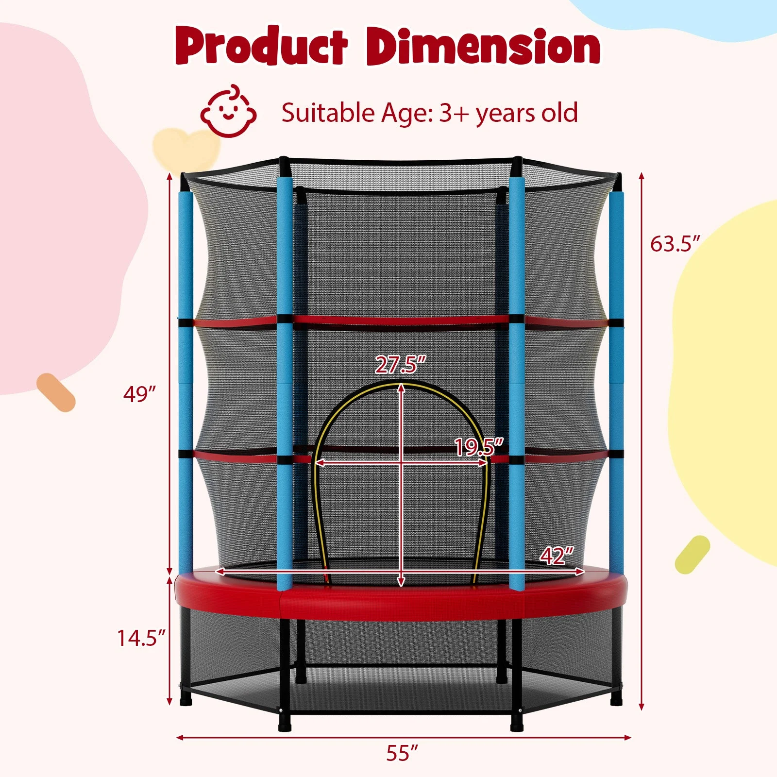 Kids Trampoline Recreational Bounce Jumper with Safety Enclosure Net-Navy - Image 5