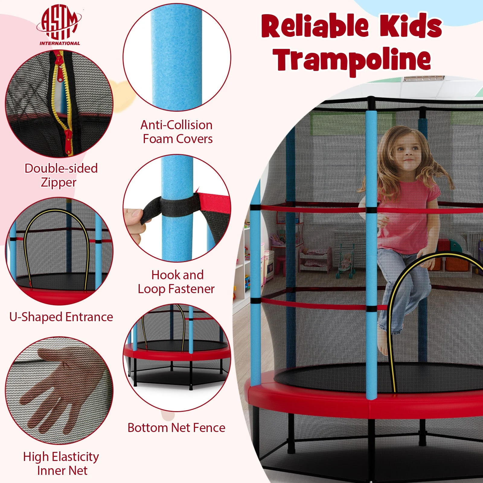 Kids Trampoline Recreational Bounce Jumper with Safety Enclosure Net-Navy - Image 7