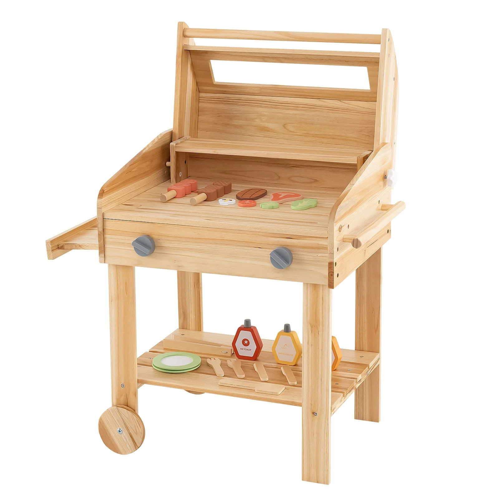 Kids Wooden Barbecue Grill Playset Pretend Kitchen with Food and Wheels-Natural - Image 2