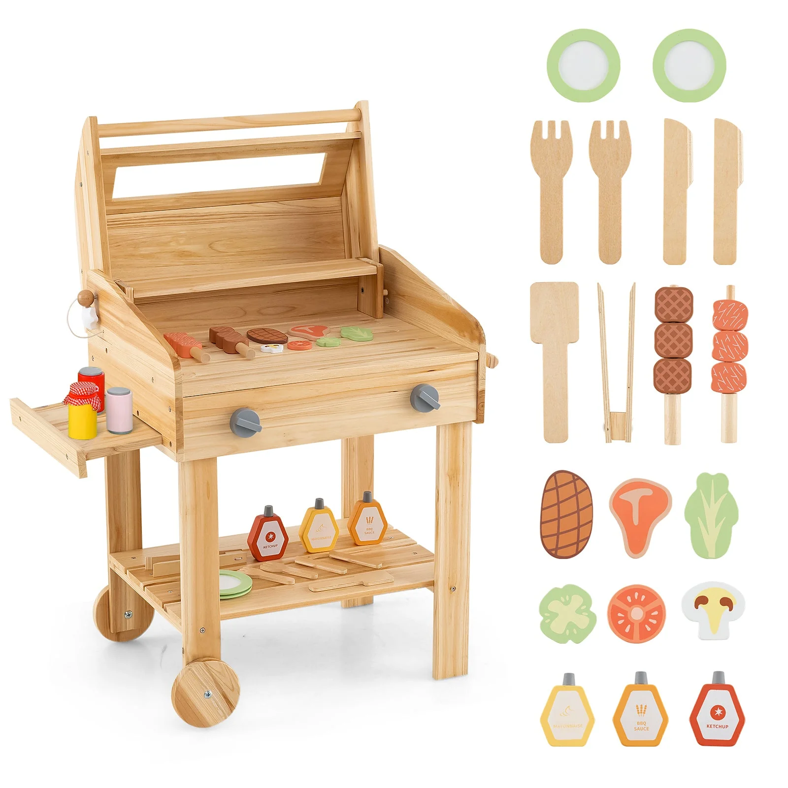 Kids Wooden Barbecue Grill Playset Pretend Kitchen with Food and Wheels-Natural - Image 3