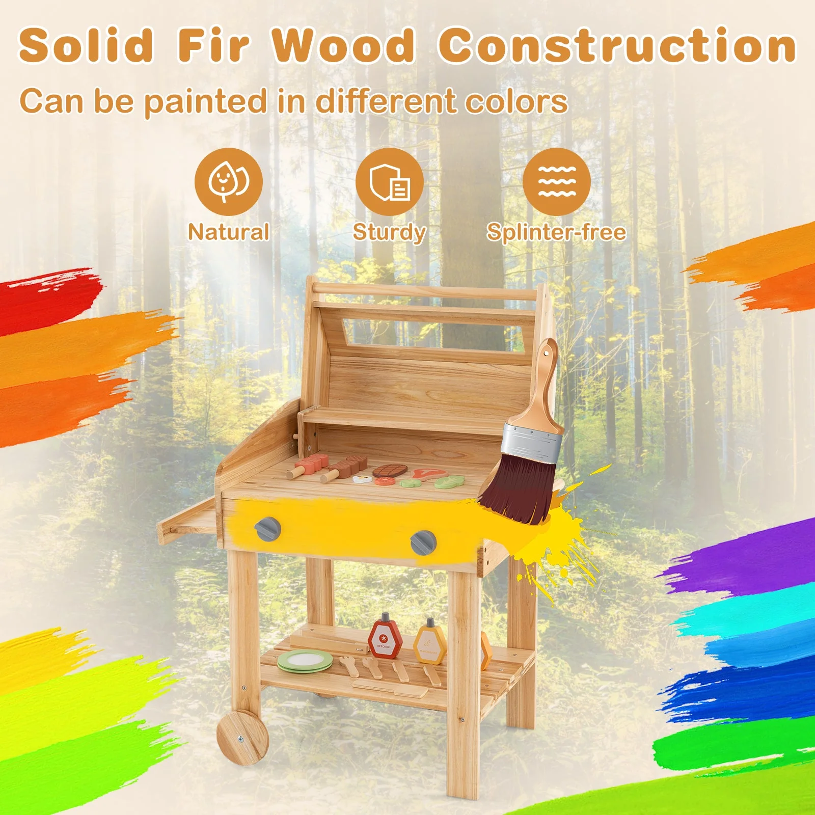 Kids Wooden Barbecue Grill Playset Pretend Kitchen with Food and Wheels-Natural - Image 4