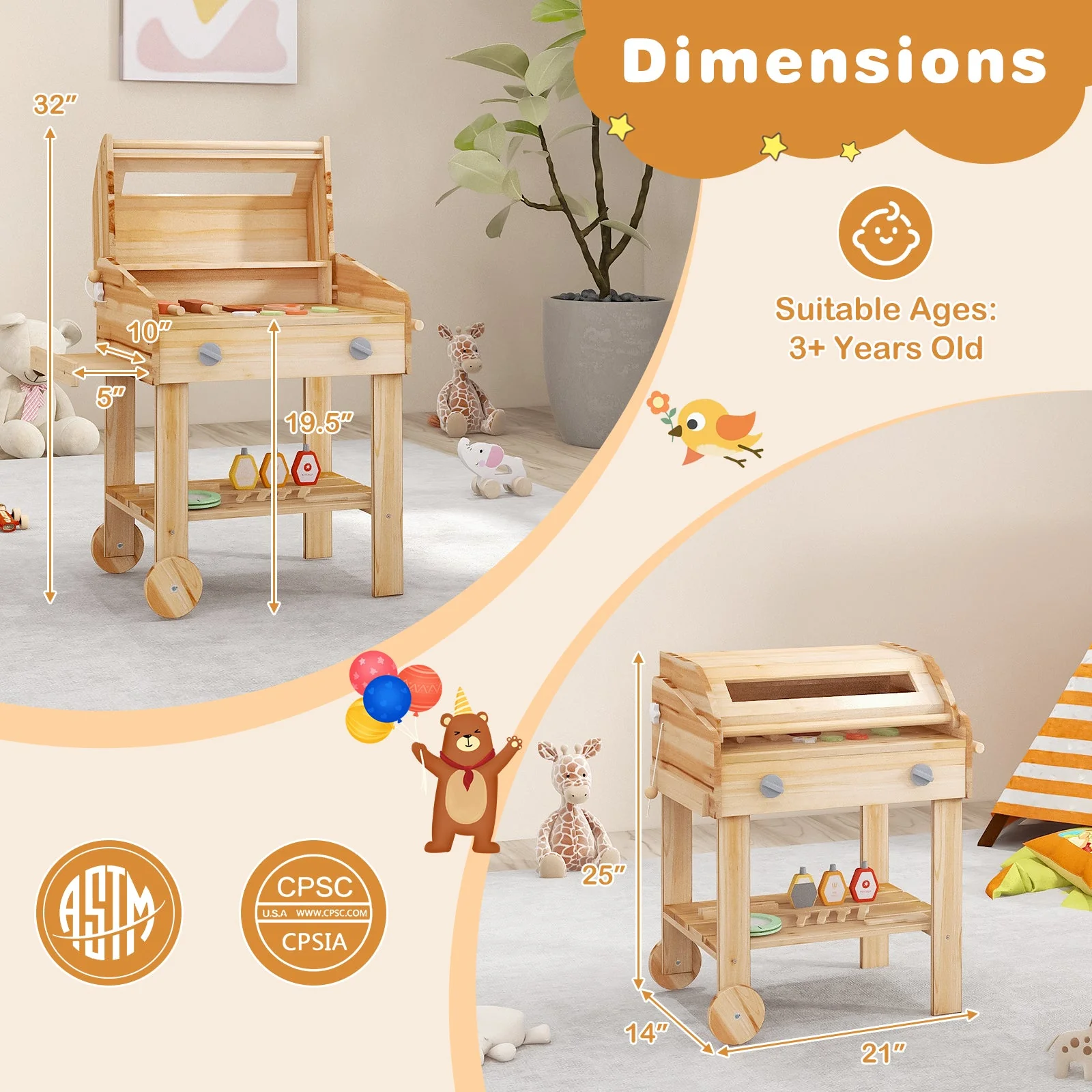 Kids Wooden Barbecue Grill Playset Pretend Kitchen with Food and Wheels-Natural - Image 5