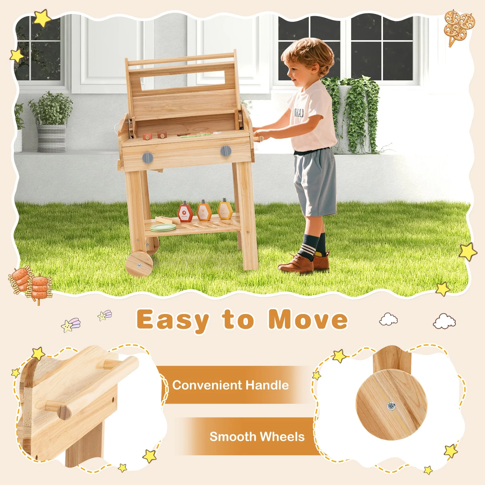 Kids Wooden Barbecue Grill Playset Pretend Kitchen with Food and Wheels-Natural - Image 6