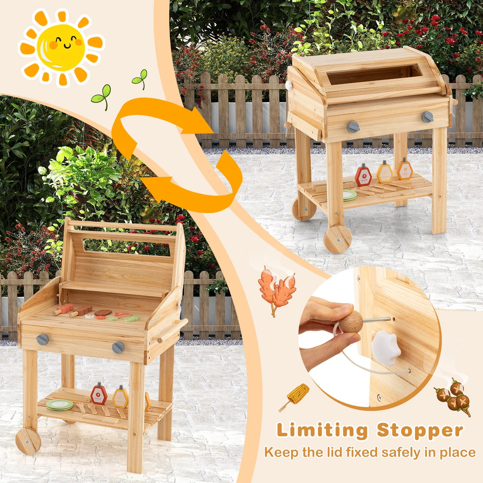 Kids Wooden Barbecue Grill Playset Pretend Kitchen with Food and Wheels-Natural - Image 7