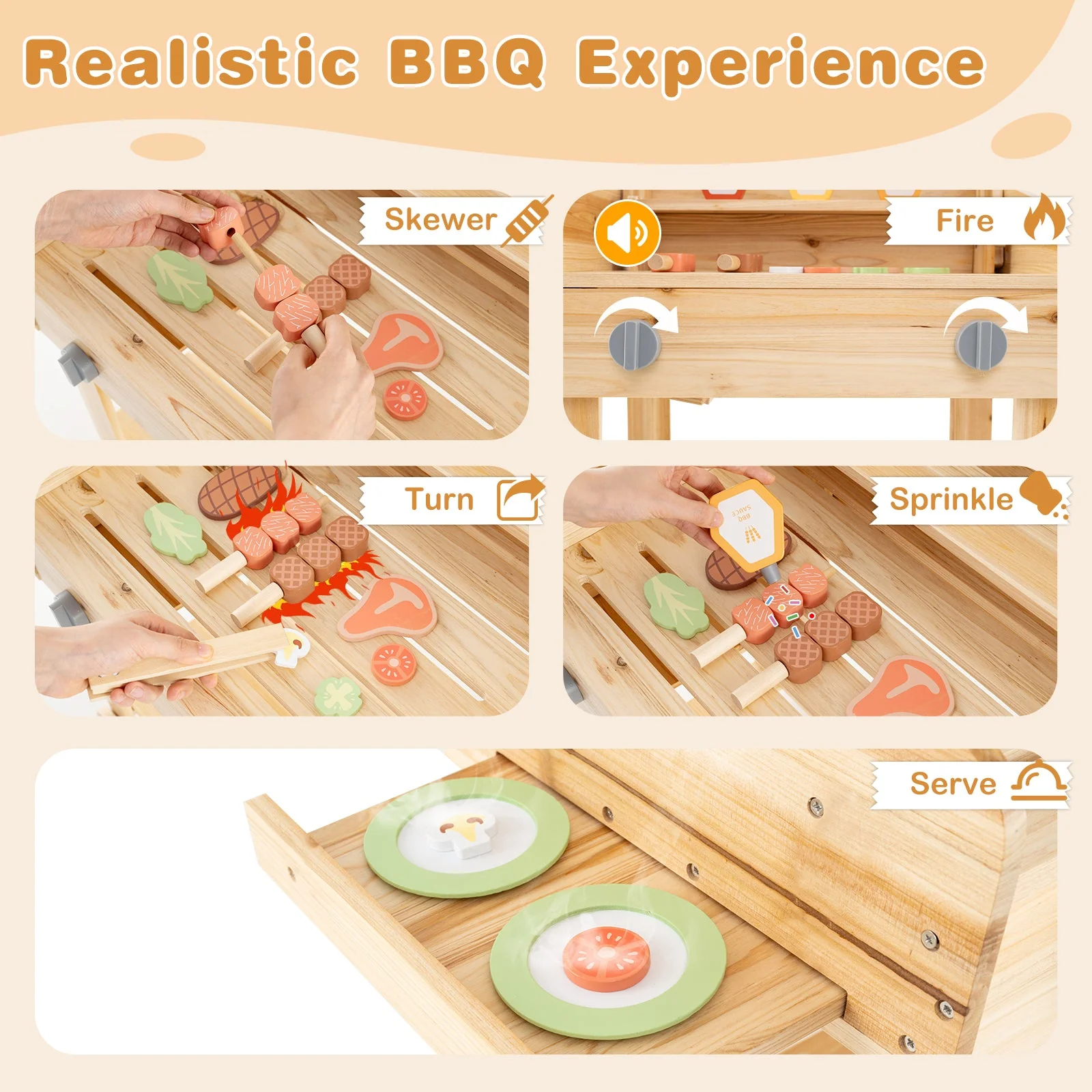 Kids Wooden Barbecue Grill Playset Pretend Kitchen with Food and Wheels-Natural - Image 8