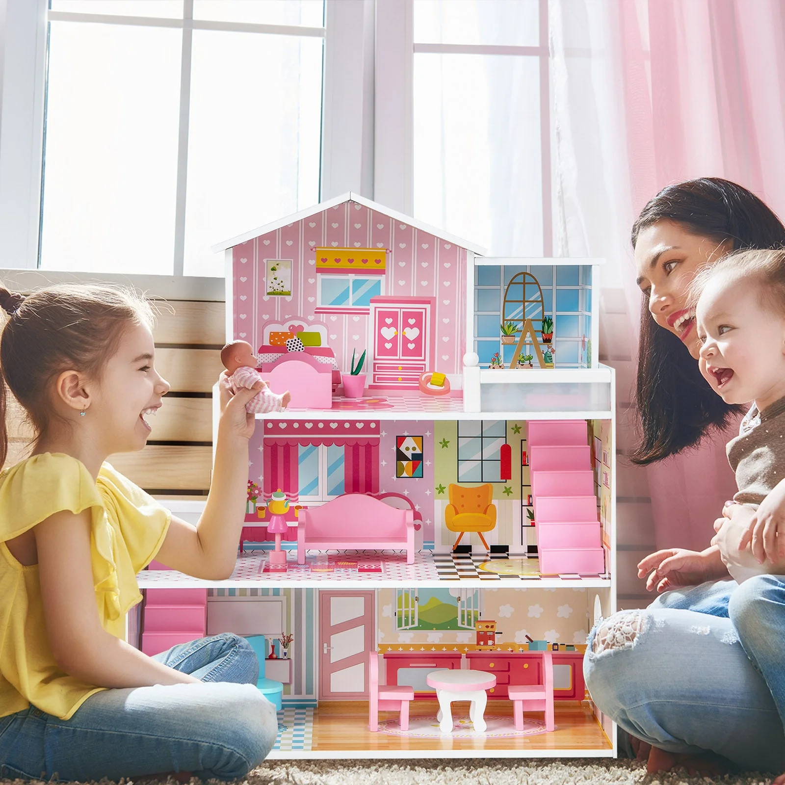 Kids Wooden Dollhouse Playset with 5 Simulated Rooms and 10 Pieces of Furniture-Pink - Image 2