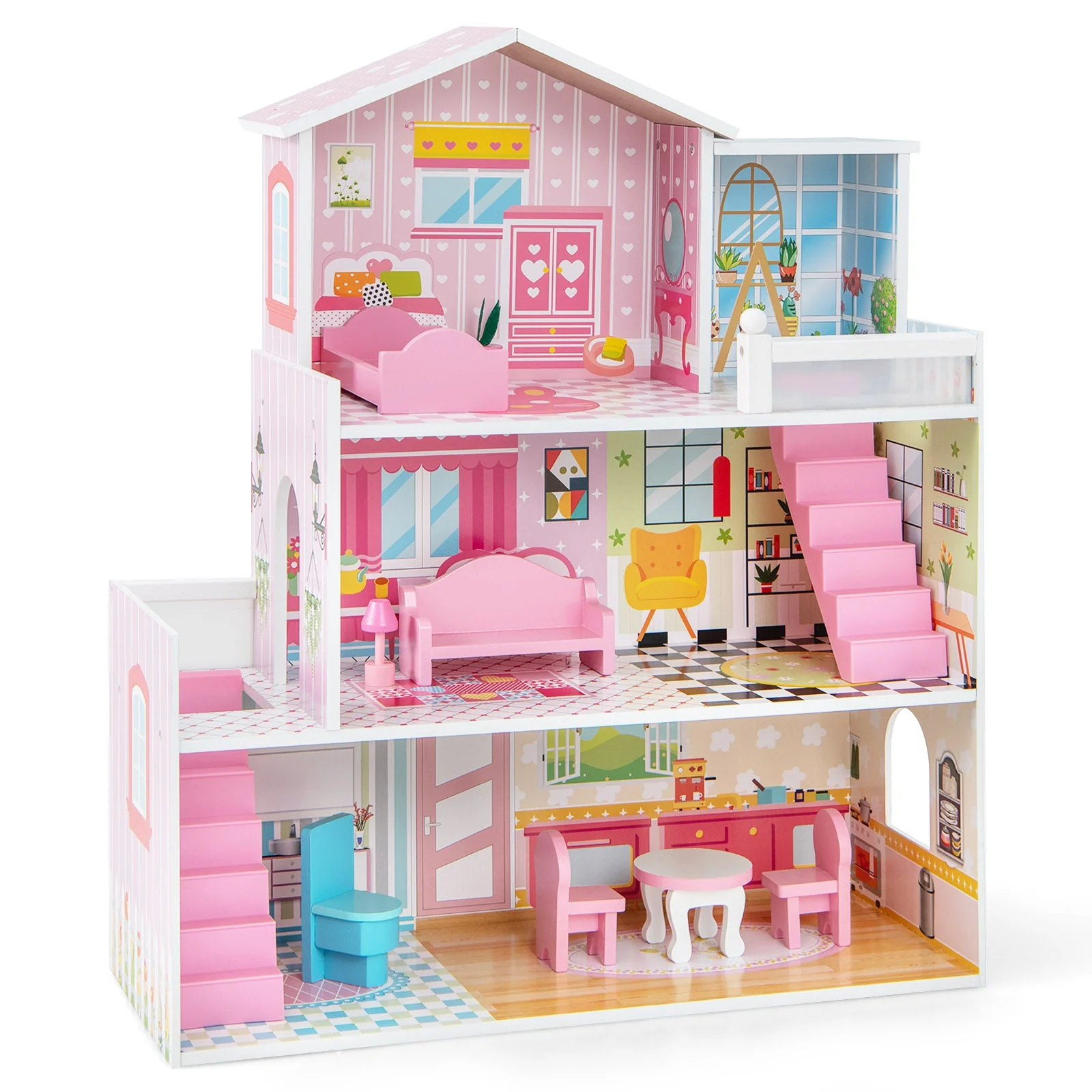Kids Wooden Dollhouse Playset with 5 Simulated Rooms and 10 Pieces of Furniture-Pink - Image 3