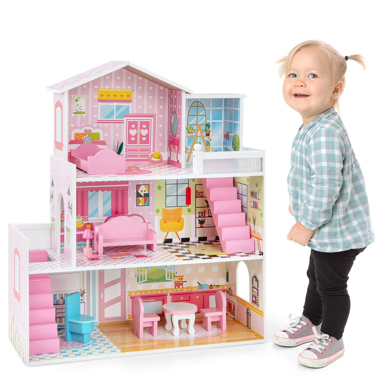 Kids Wooden Dollhouse Playset with 5 Simulated Rooms and 10 Pieces of Furniture-Pink - Image 4