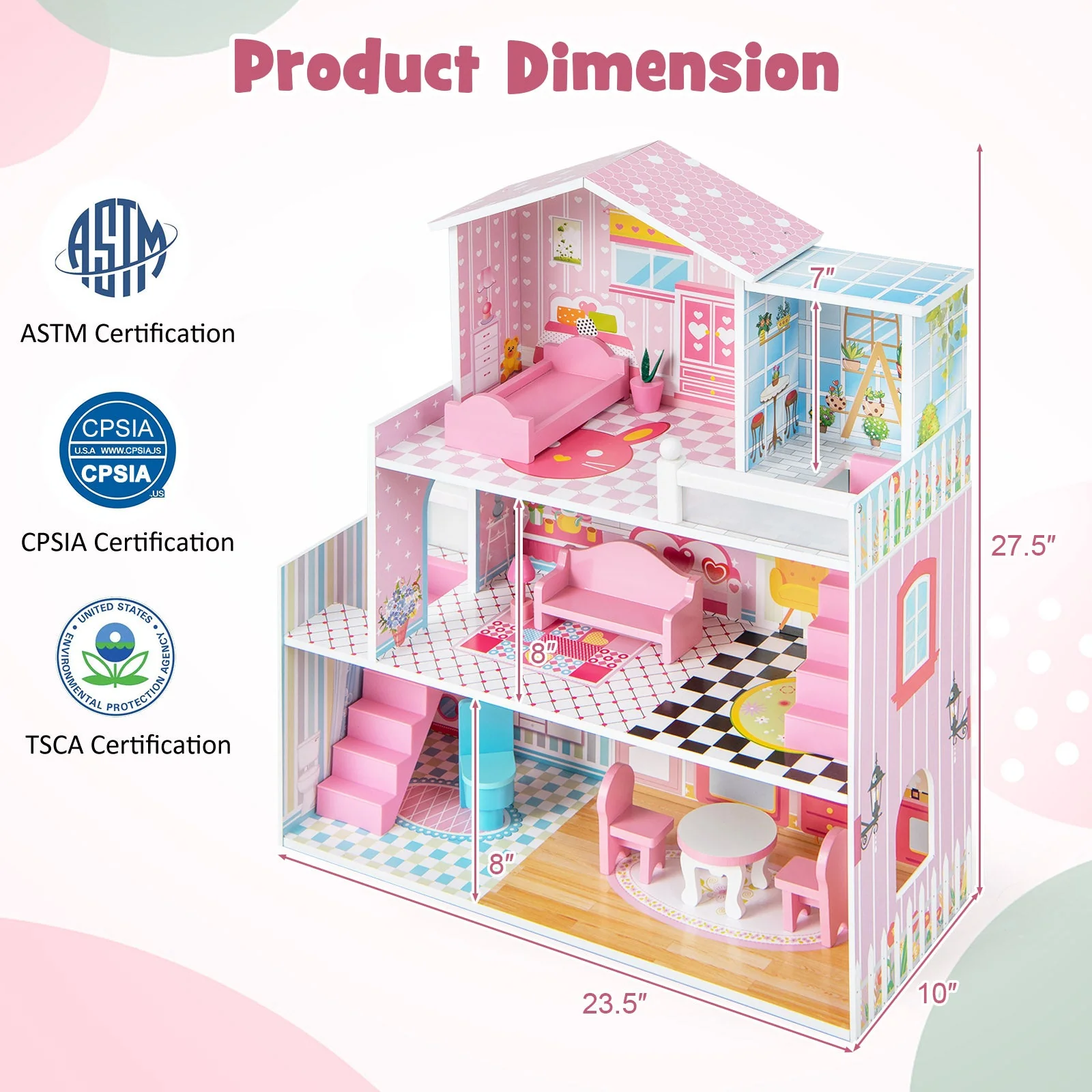 Kids Wooden Dollhouse Playset with 5 Simulated Rooms and 10 Pieces of Furniture-Pink - Image 5