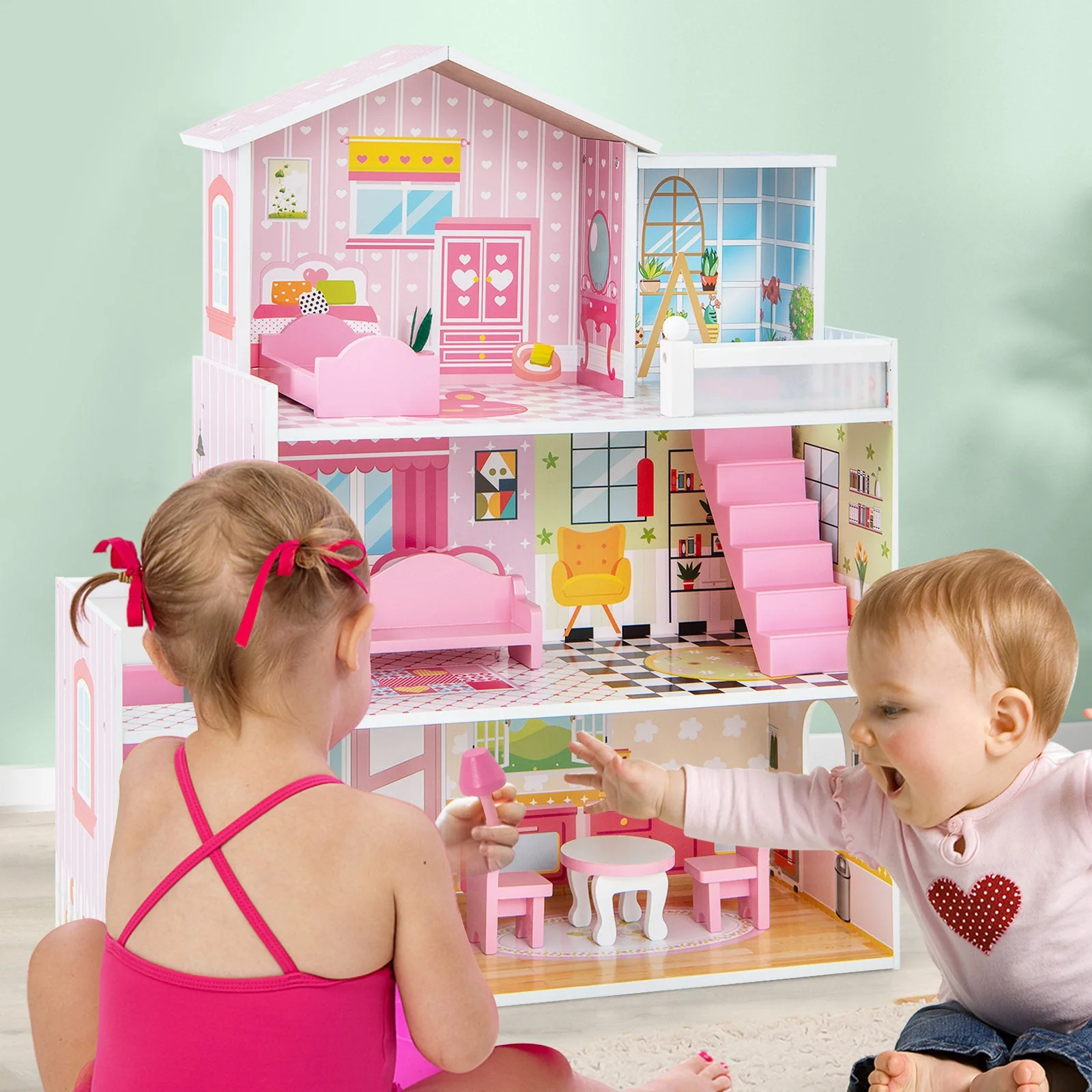 Kids Wooden Dollhouse Playset with 5 Simulated Rooms and 10 Pieces of Furniture-Pink - Image 6