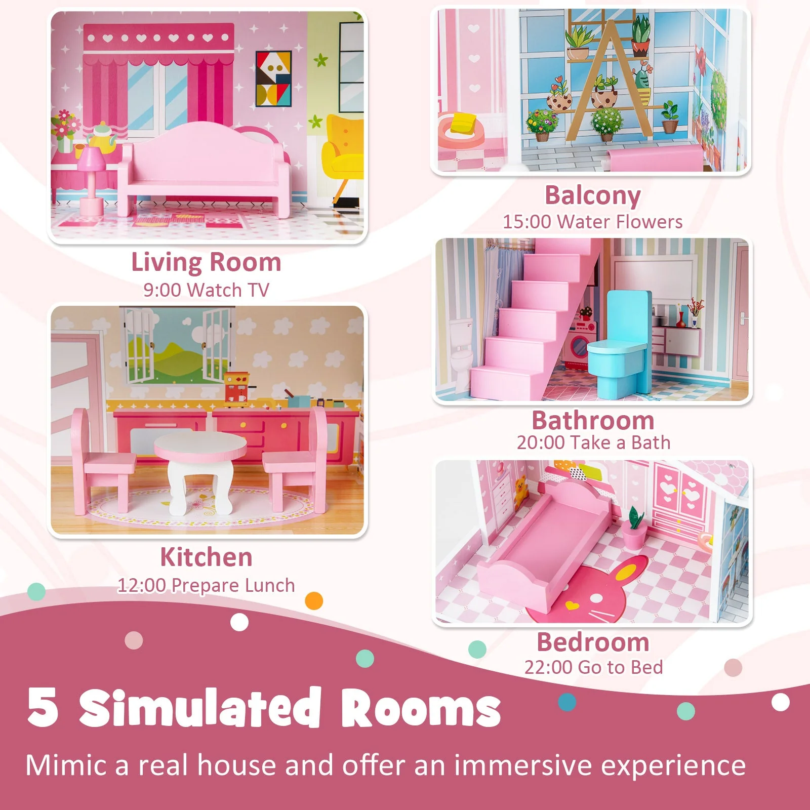 Kids Wooden Dollhouse Playset with 5 Simulated Rooms and 10 Pieces of Furniture-Pink - Image 7