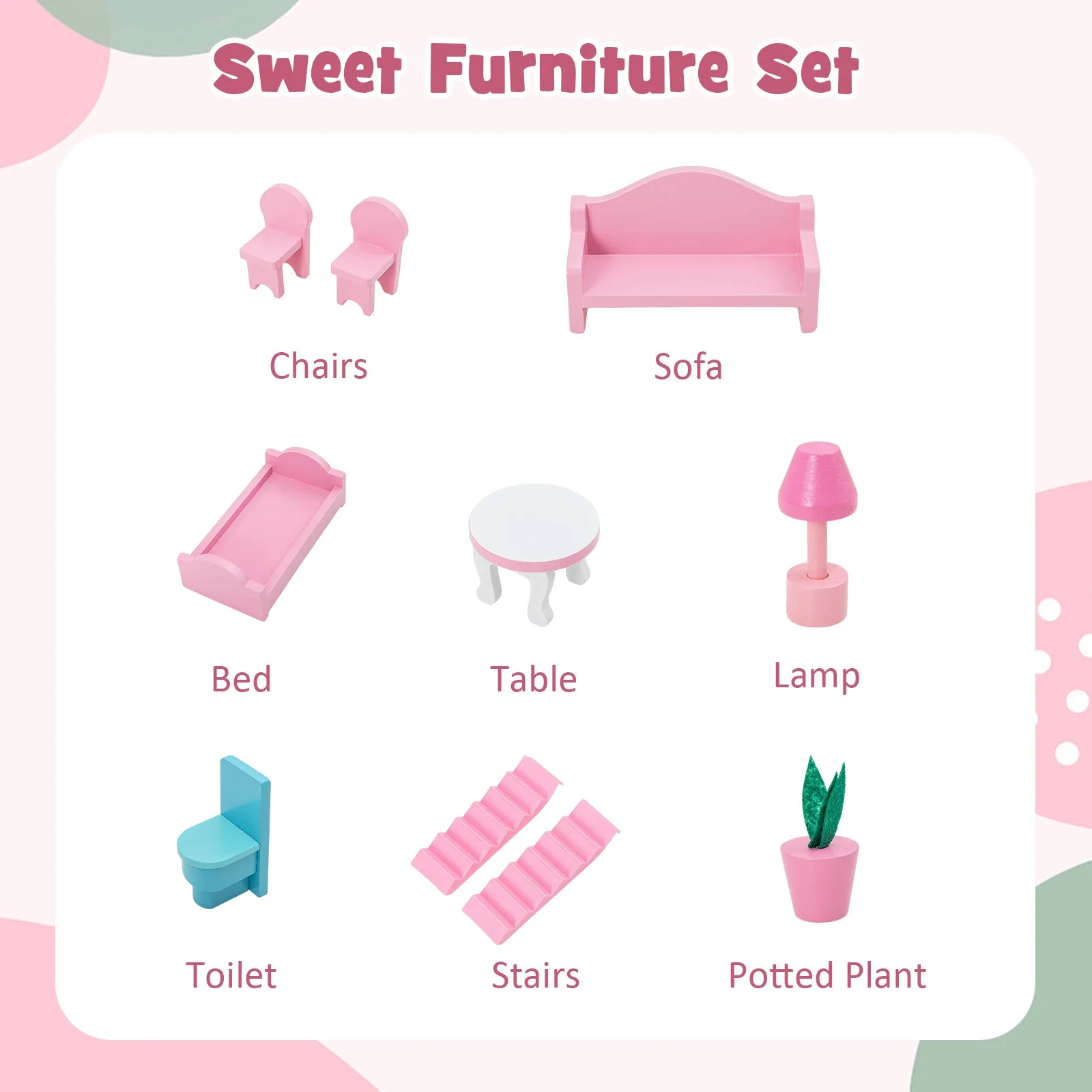 Kids Wooden Dollhouse Playset with 5 Simulated Rooms and 10 Pieces of Furniture-Pink - Image 8