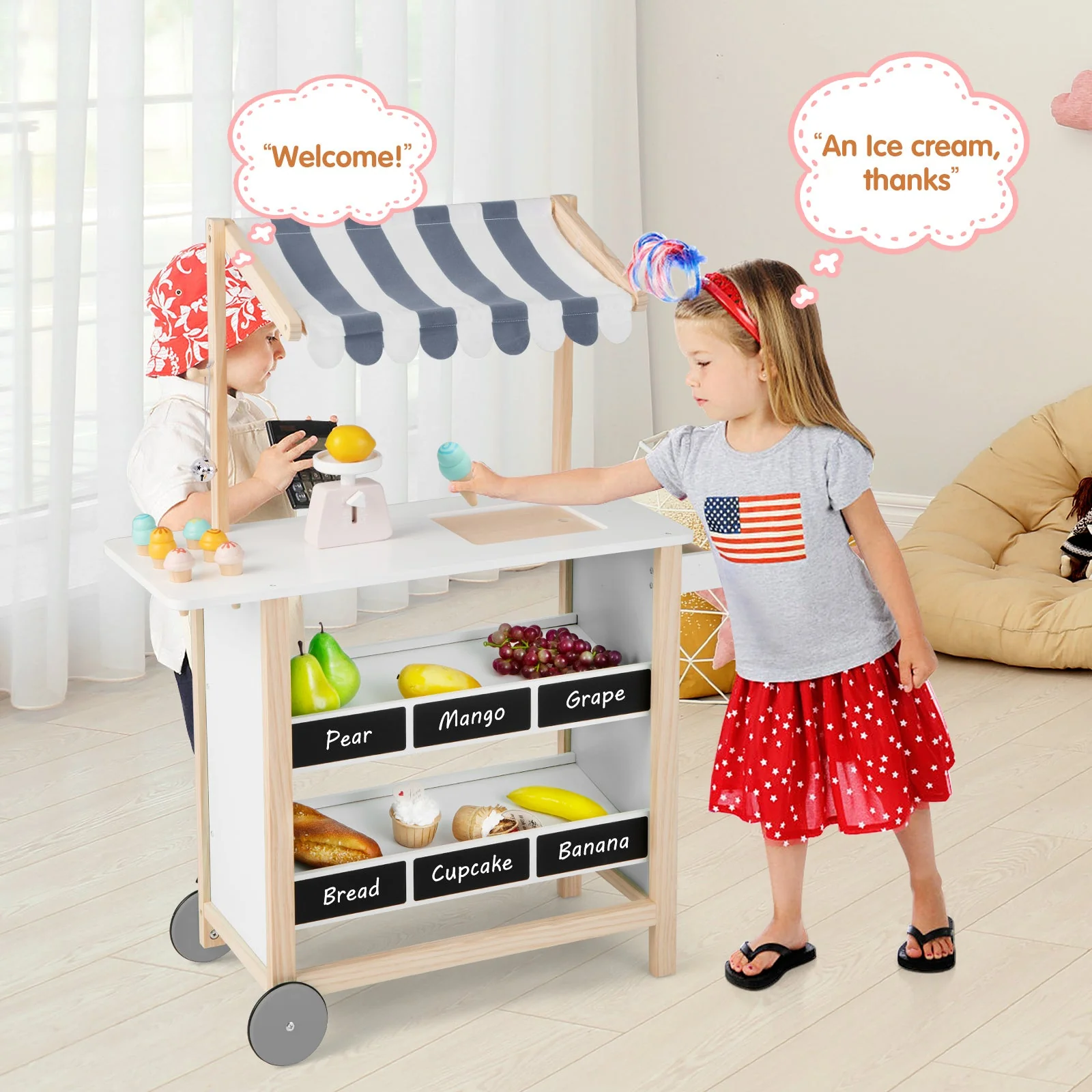 Kids Wooden Ice Cream Cart with Chalkboard and Storage for over 3 Years Old-White - Image 2