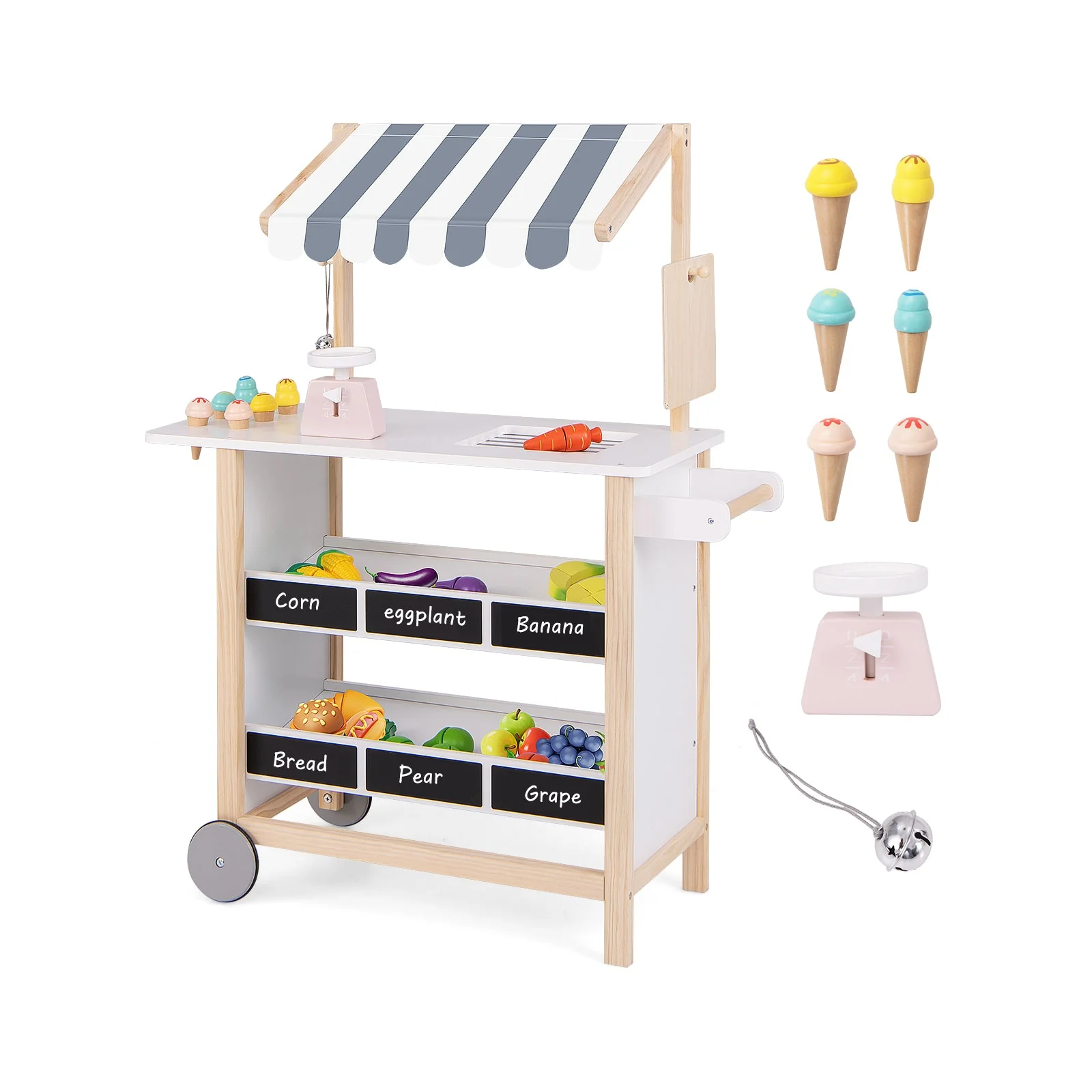 Kids Wooden Ice Cream Cart with Chalkboard and Storage for over 3 Years Old-White - Image 3