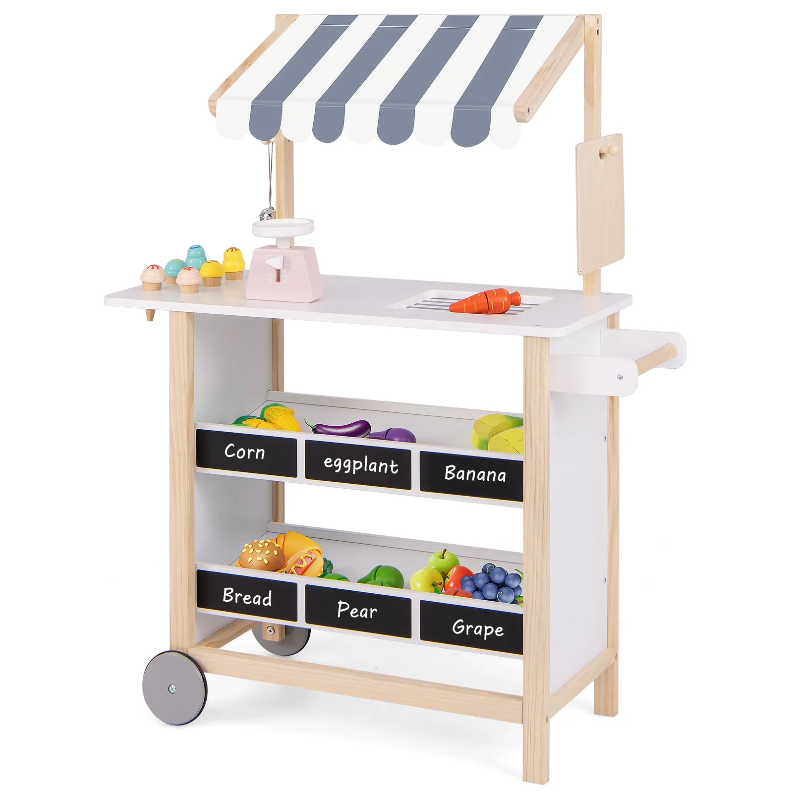 Kids Wooden Ice Cream Cart with Chalkboard and Storage for over 3 Years Old-White - Image 4