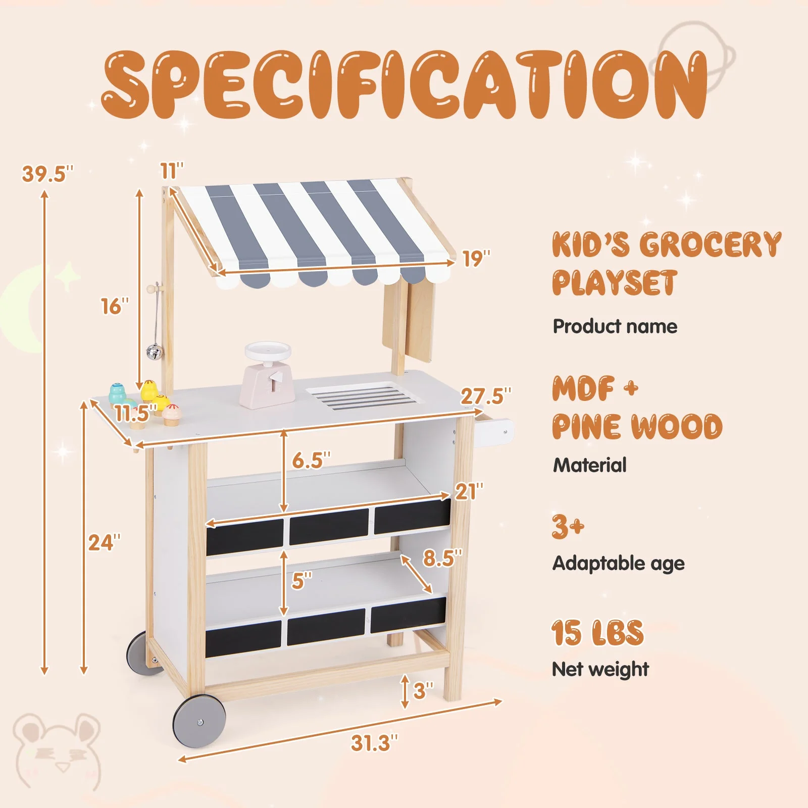 Kids Wooden Ice Cream Cart with Chalkboard and Storage for over 3 Years Old-White - Image 5
